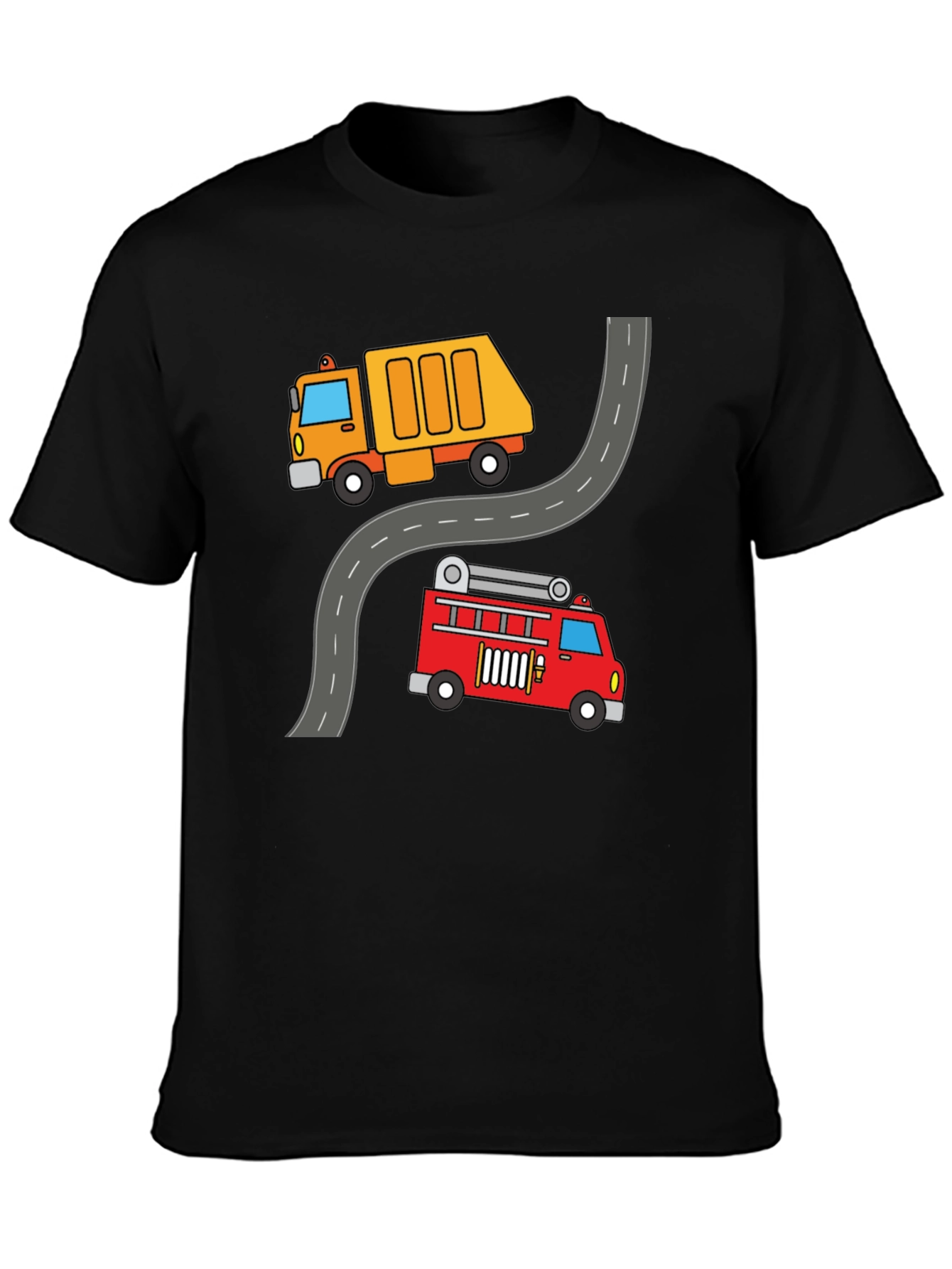 Cartoon Truck & Fire Engine Black T-Shirt
