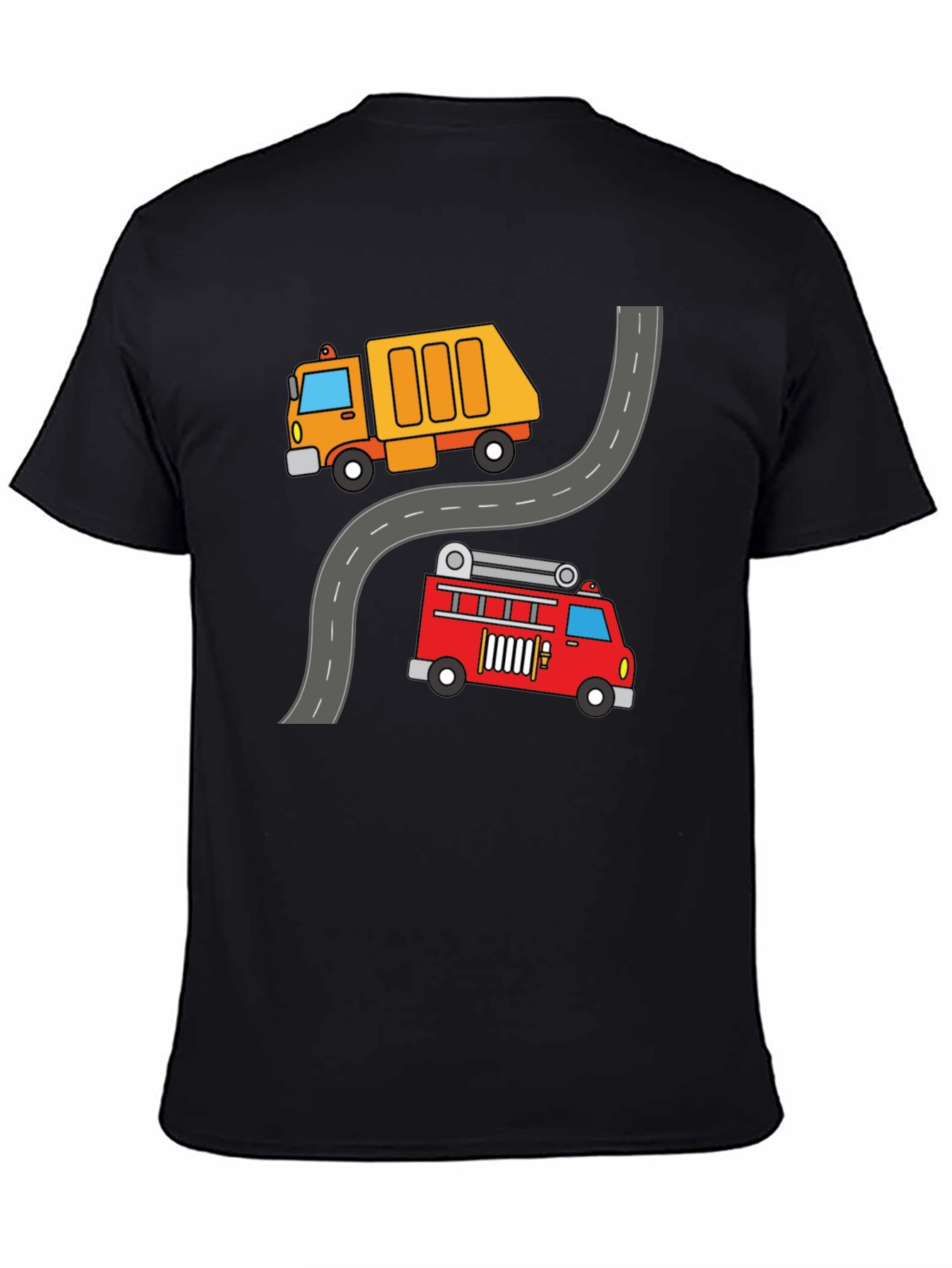 Cartoon Truck & Fire Engine Black T-Shirt