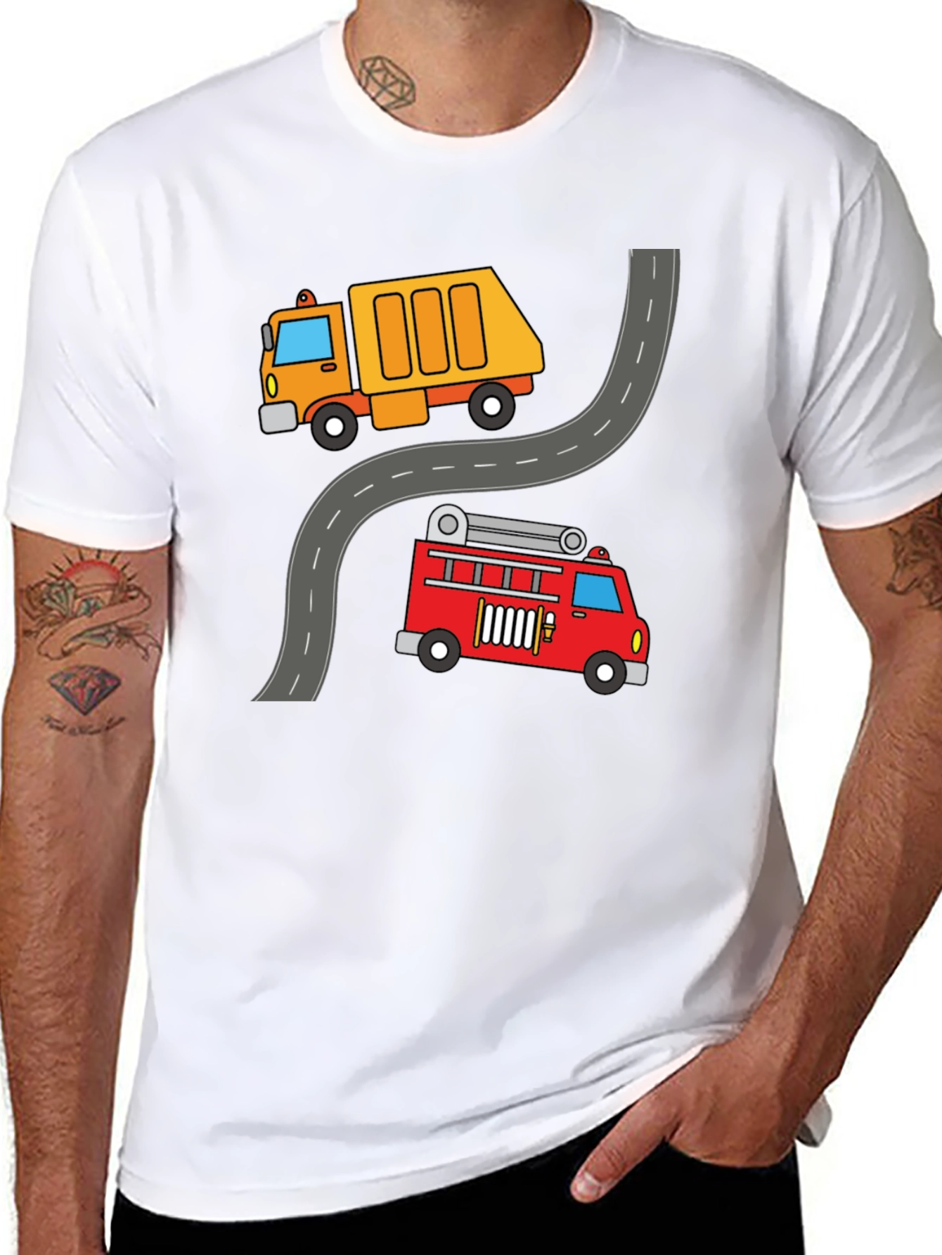 Cartoon Truck & Fire Engine Black T-Shirt