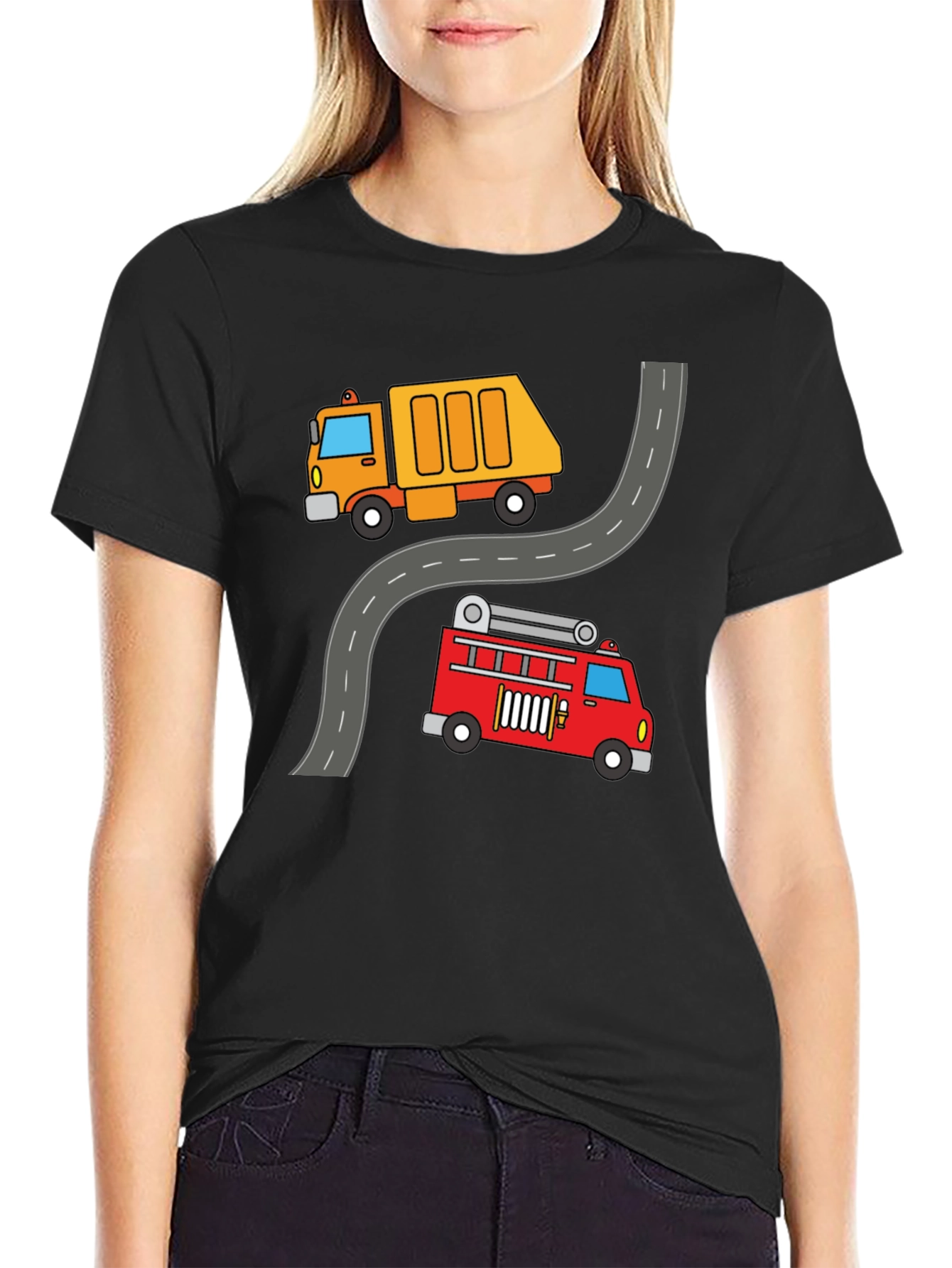 Cartoon Truck & Fire Engine Black T-Shirt