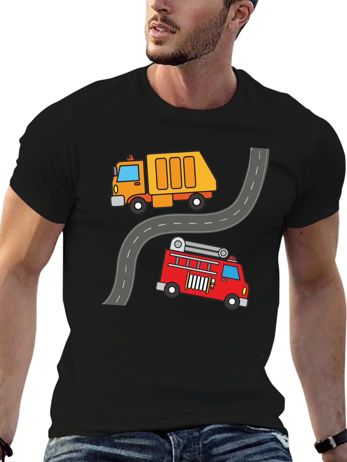 Cartoon Truck & Fire Engine Black T-Shirt