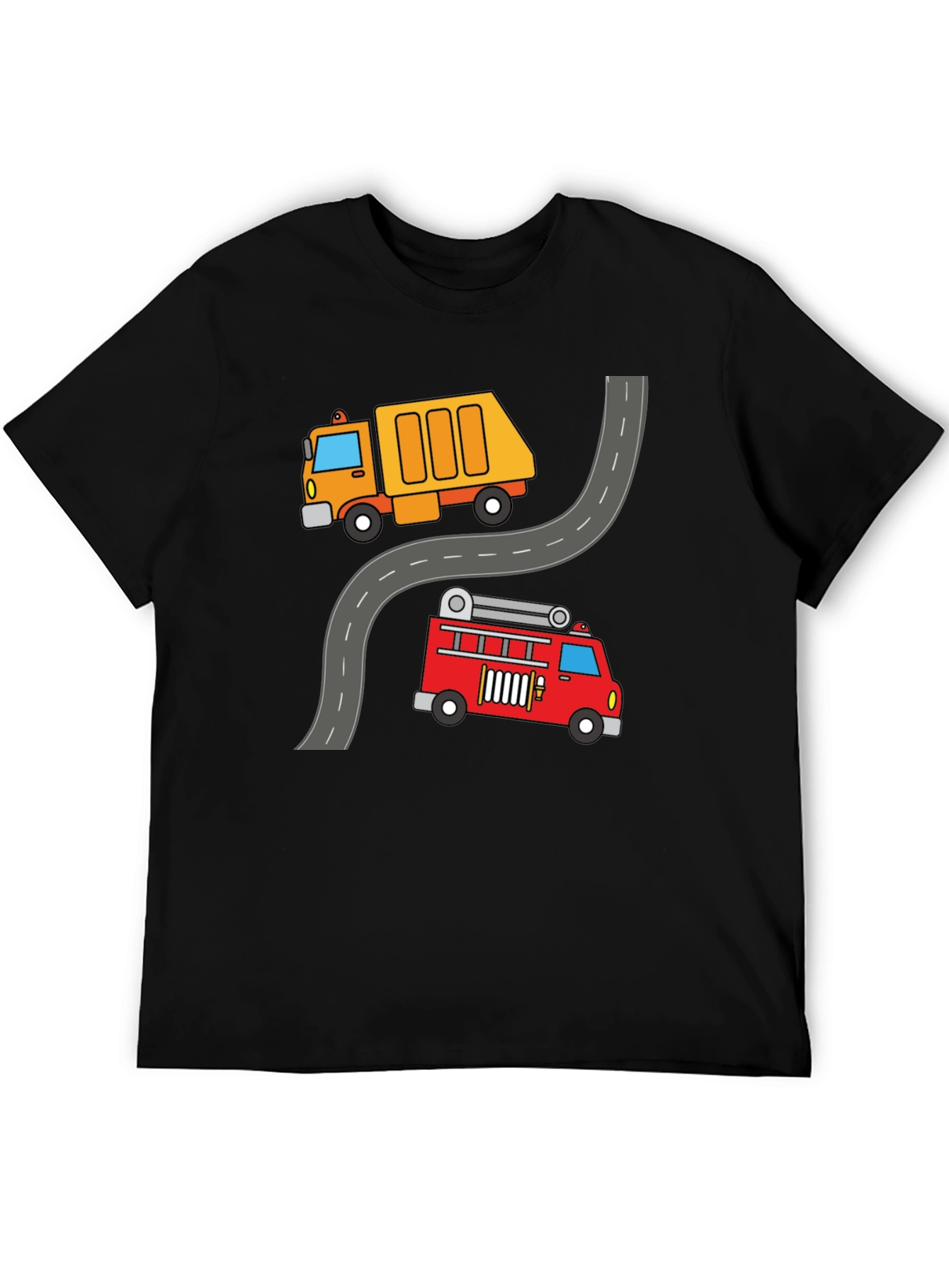 Cartoon Truck & Fire Engine Black T-Shirt