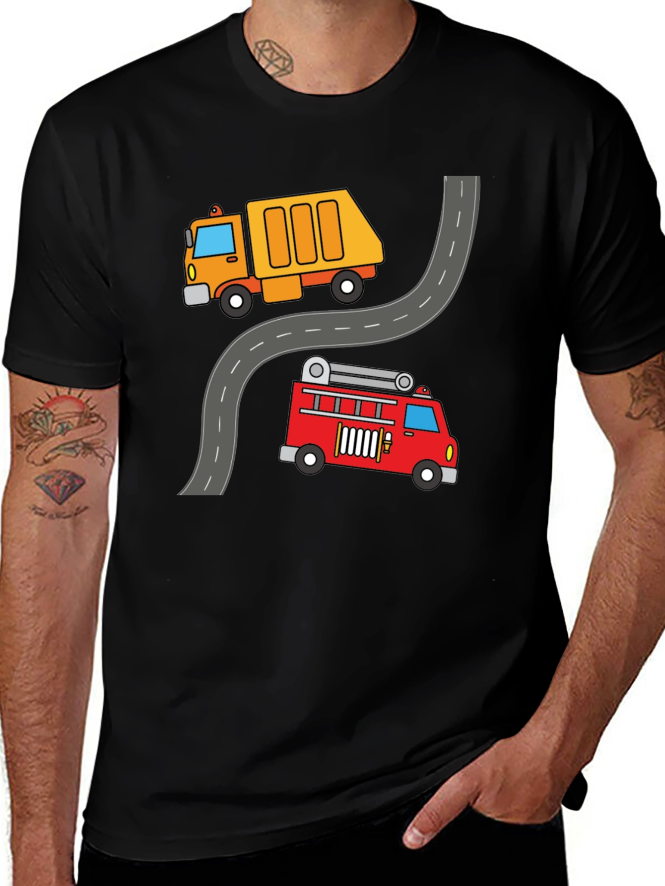 Cartoon Truck & Fire Engine Black T-Shirt