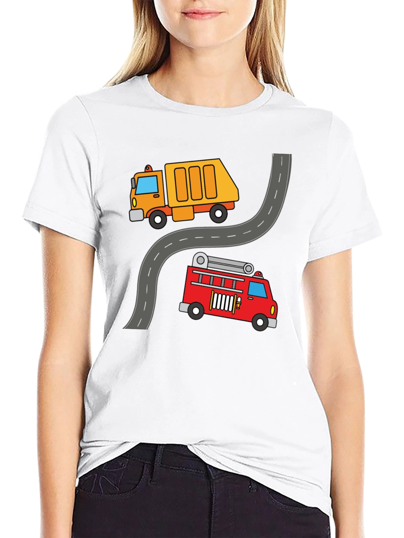 Cartoon Truck & Fire Engine Black T-Shirt