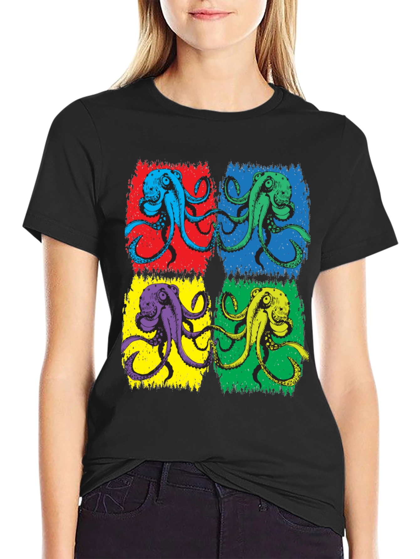 Pop Art Octopus Graphic Tee - Black Cotton Blend