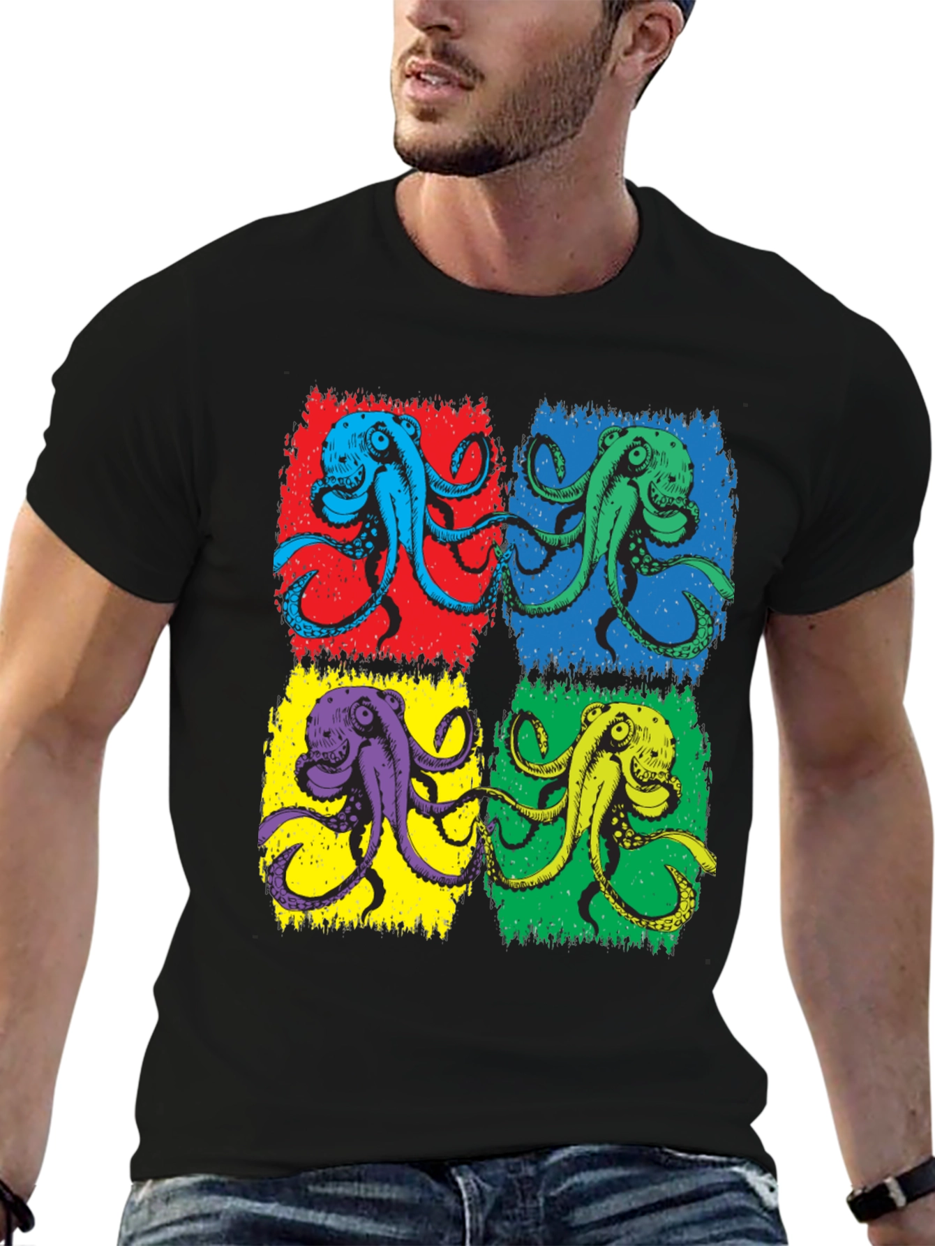 Pop Art Octopus Graphic Tee - Black Cotton Blend