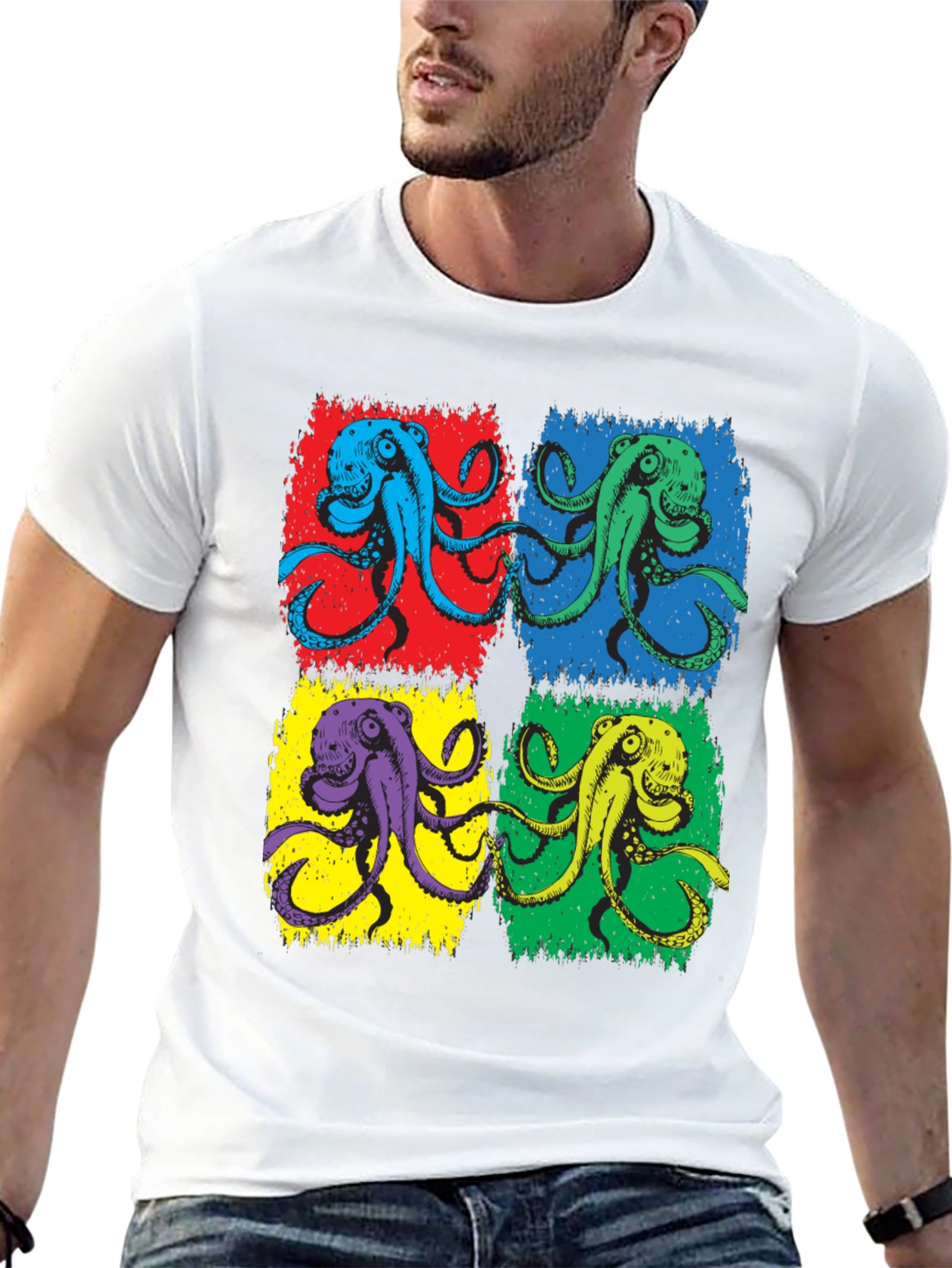 Pop Art Octopus Graphic Tee - Black Cotton Blend