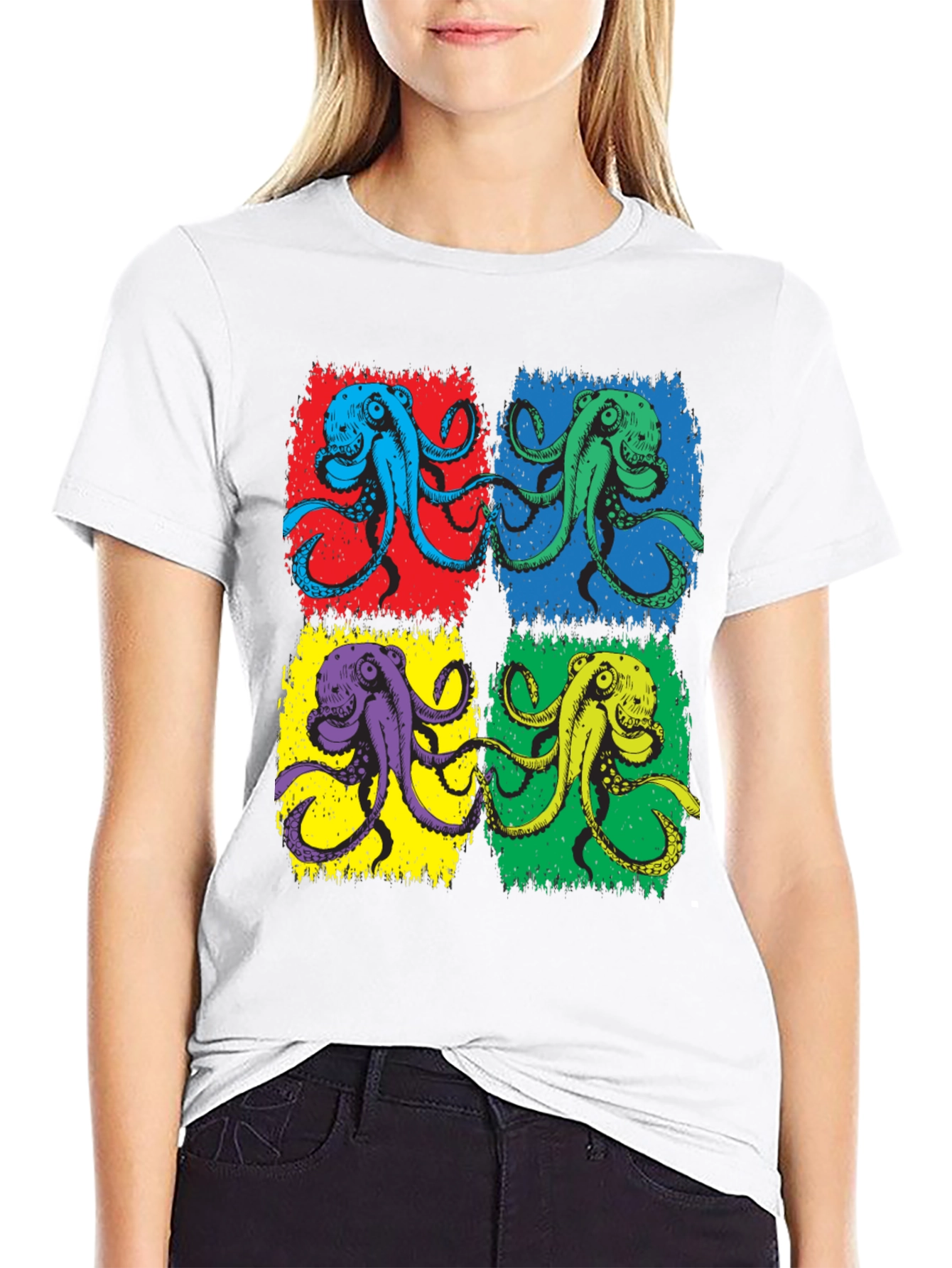 Pop Art Octopus Graphic Tee - Black Cotton Blend