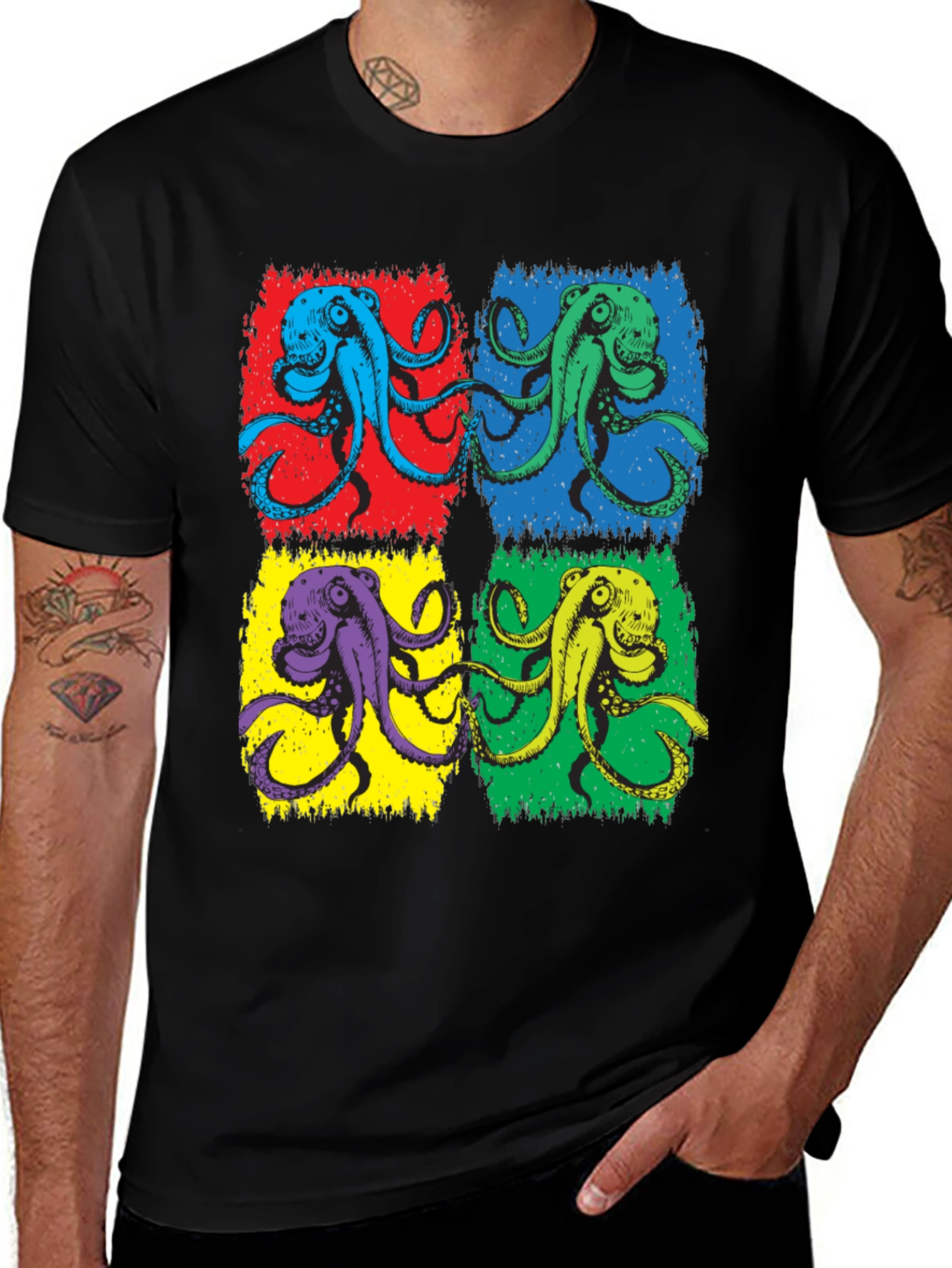 Pop Art Octopus Graphic Tee - Black Cotton Blend