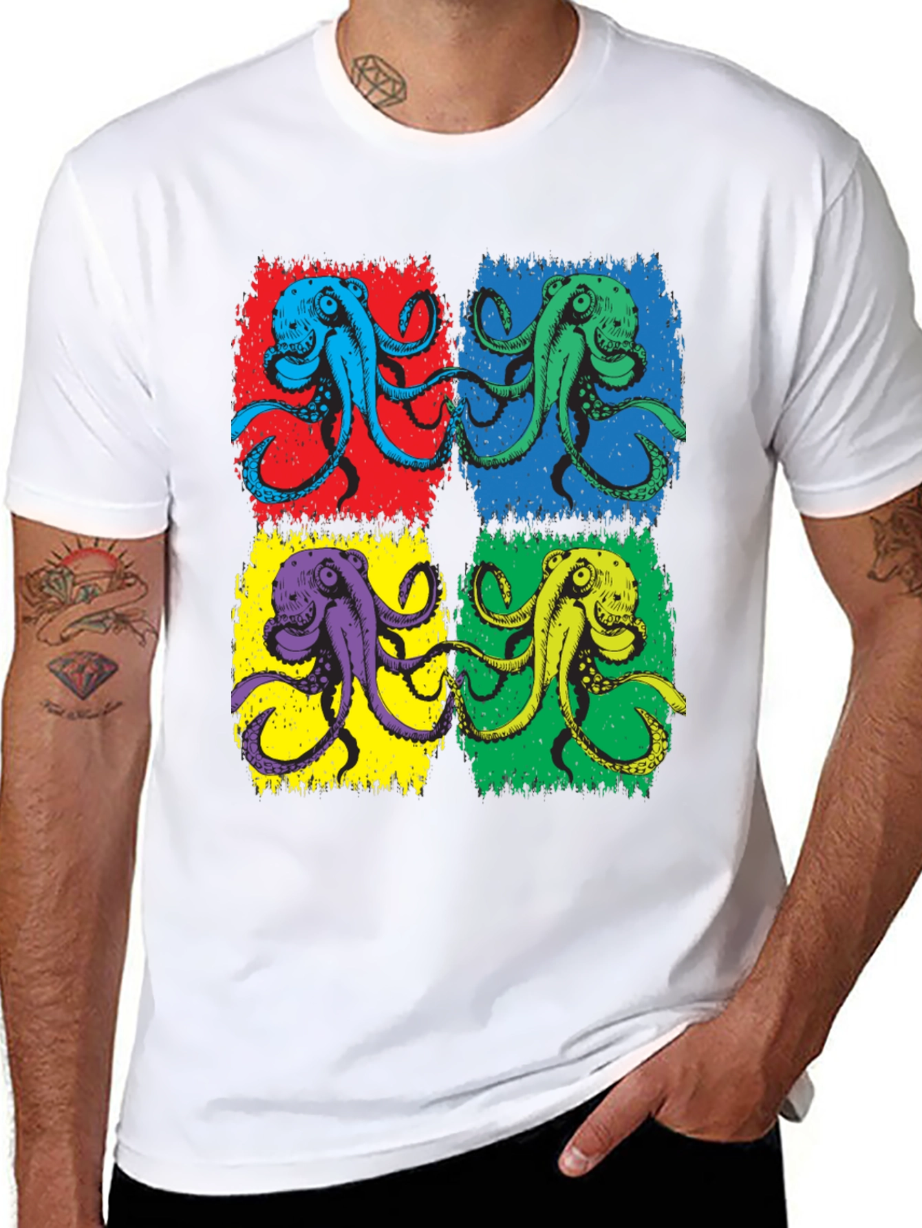 Pop Art Octopus Graphic Tee - Black Cotton Blend