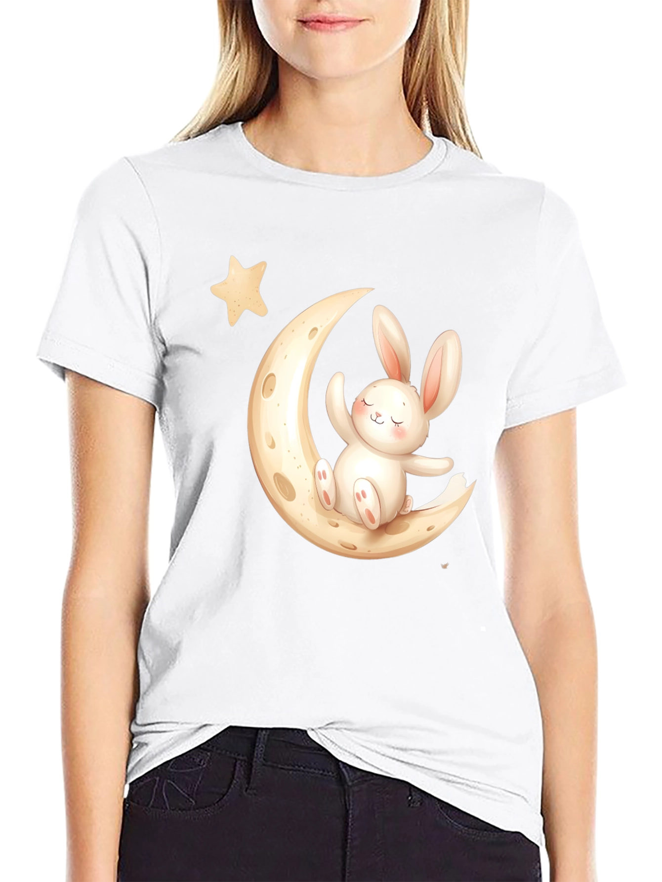 Cute Bunny on Moon Black T-Shirt