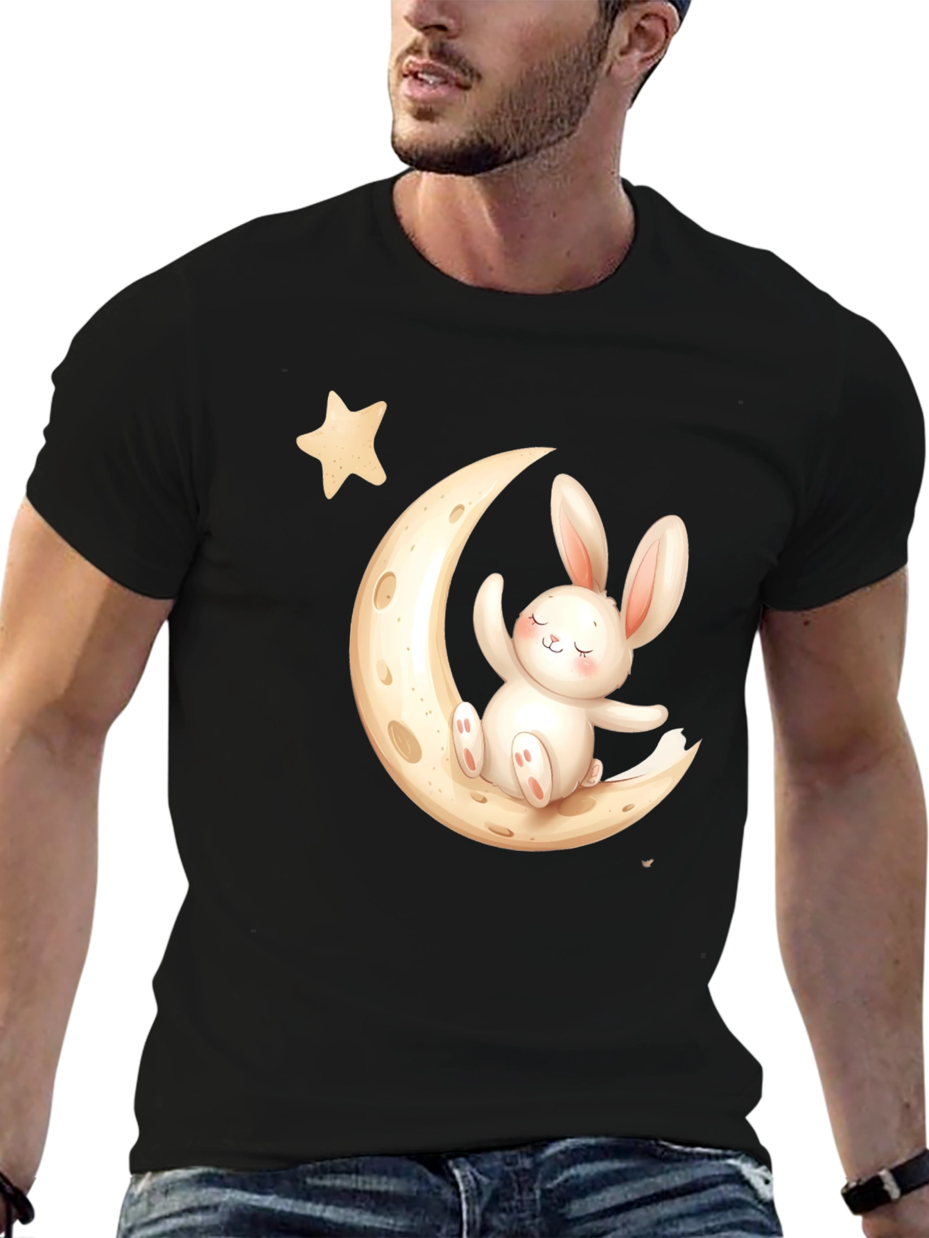 Cute Bunny on Moon Black T-Shirt