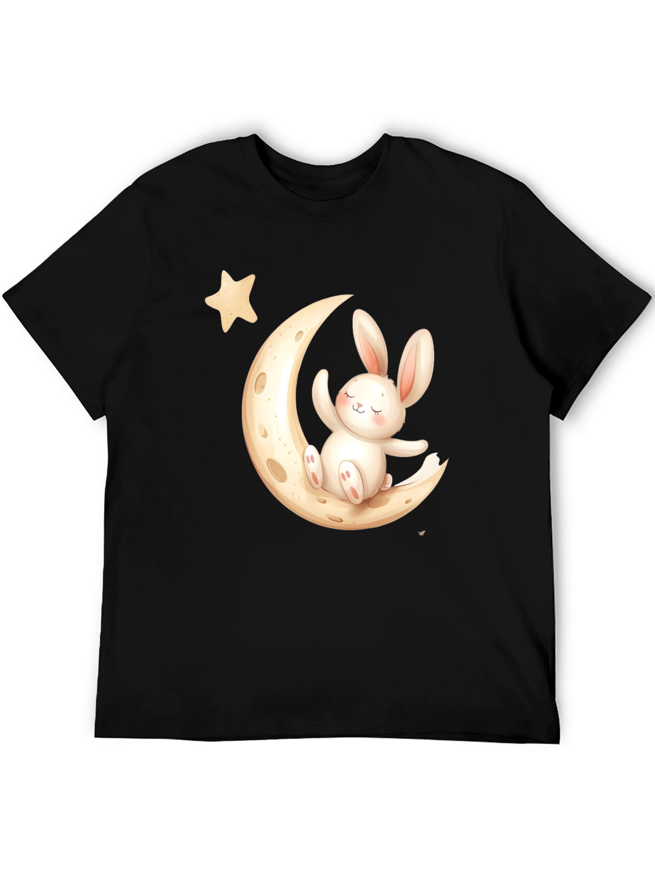 Cute Bunny on Moon Black T-Shirt