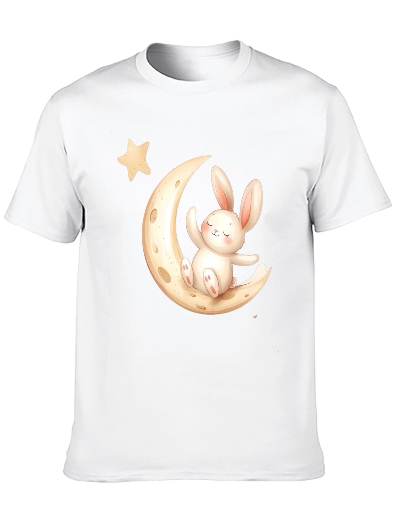 Cute Bunny on Moon Black T-Shirt