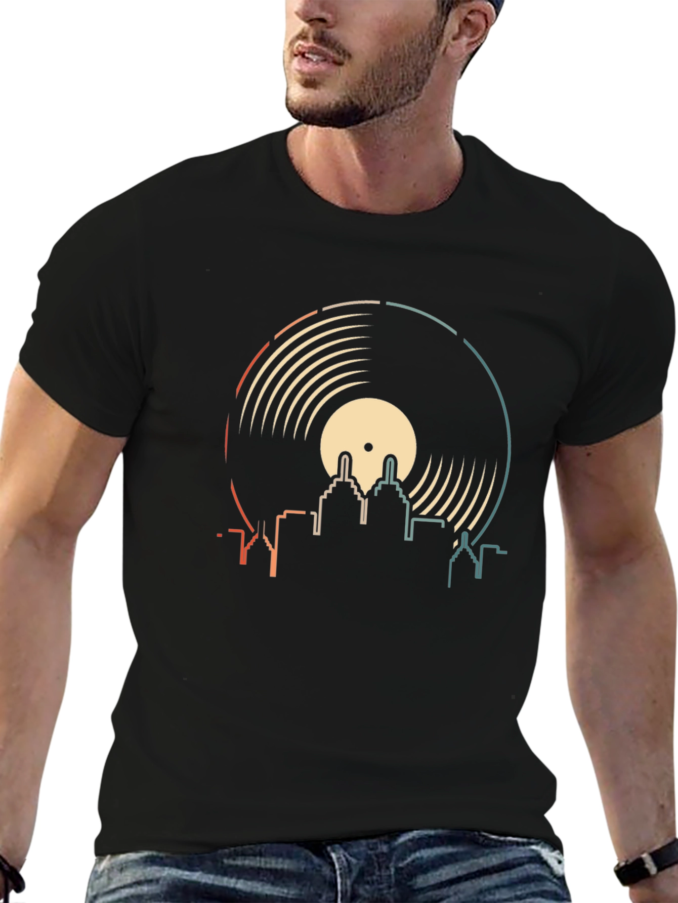 Retro Vinyl Record City Skyline T-Shirt