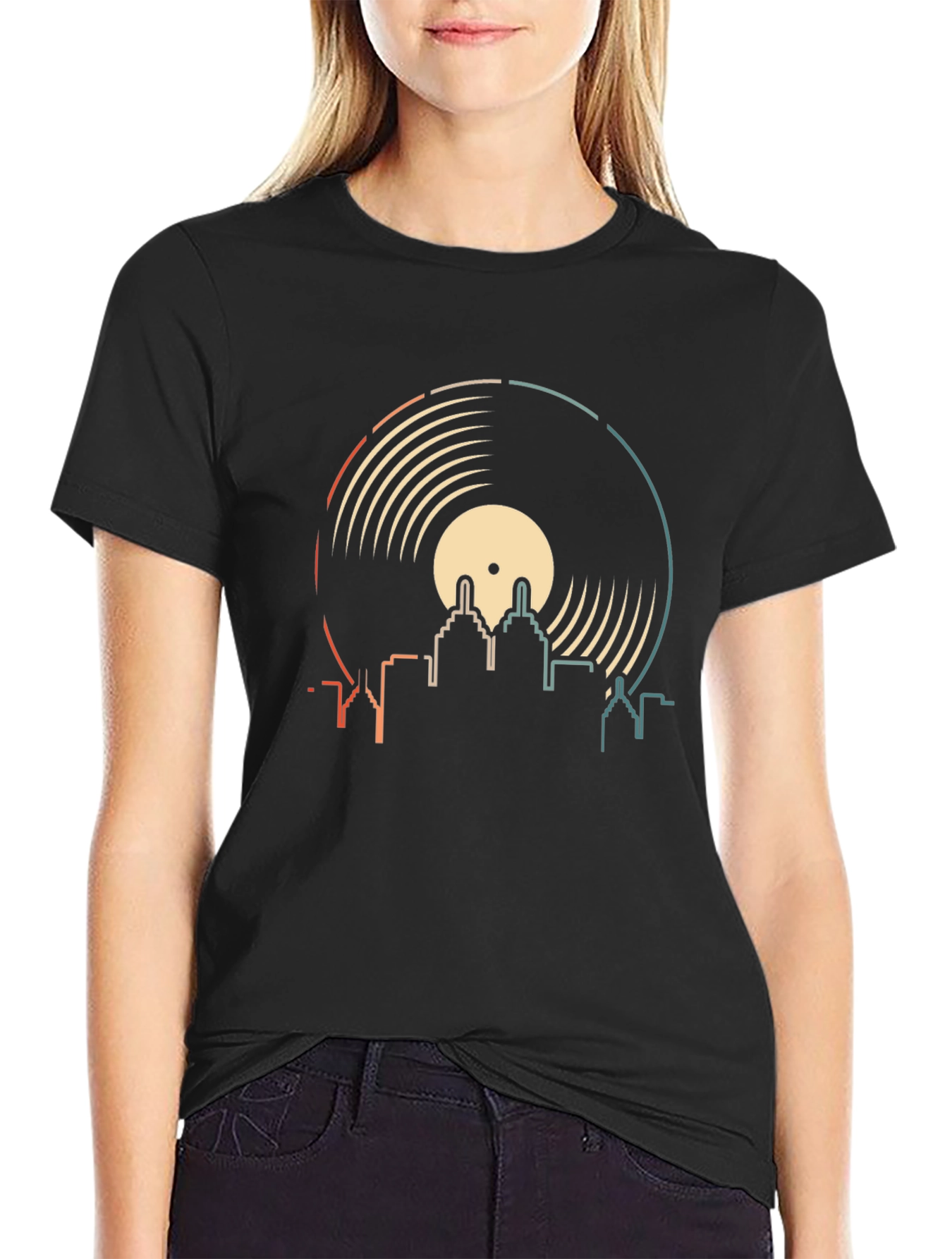 Retro Vinyl Record City Skyline T-Shirt
