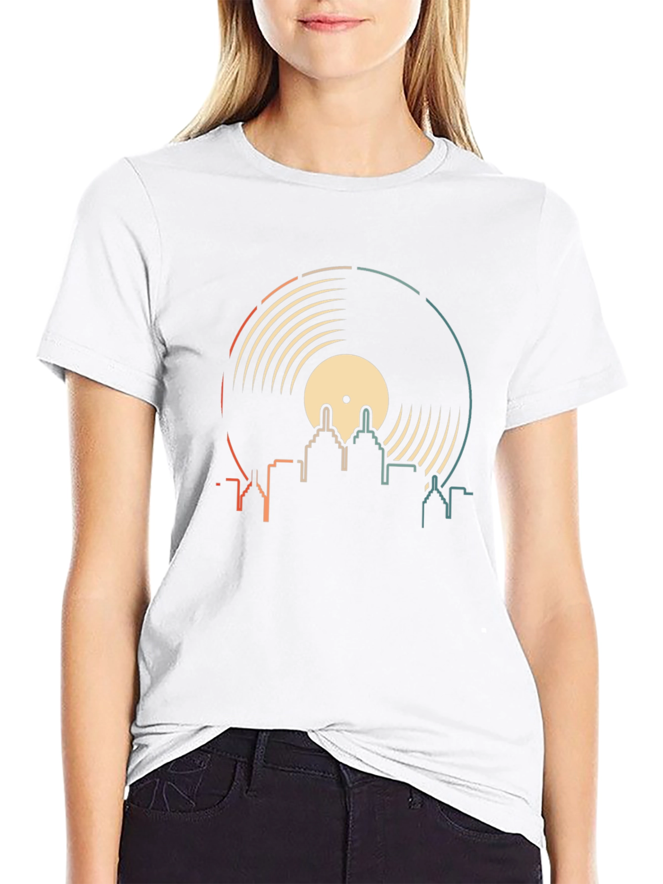 Retro Vinyl Record City Skyline T-Shirt