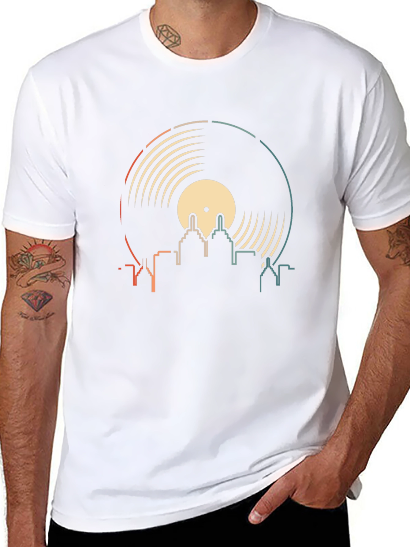 Retro Vinyl Record City Skyline T-Shirt