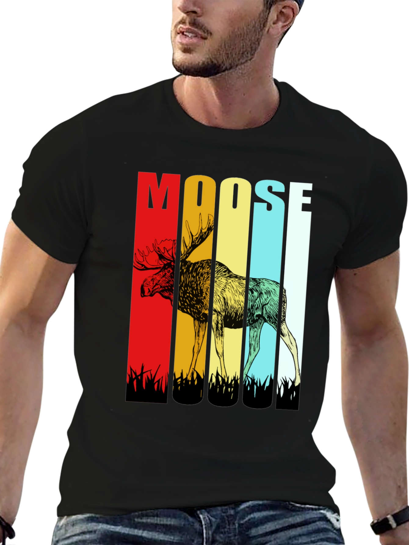 Retro Moose Graphic Tee - Black Cotton T-Shirt