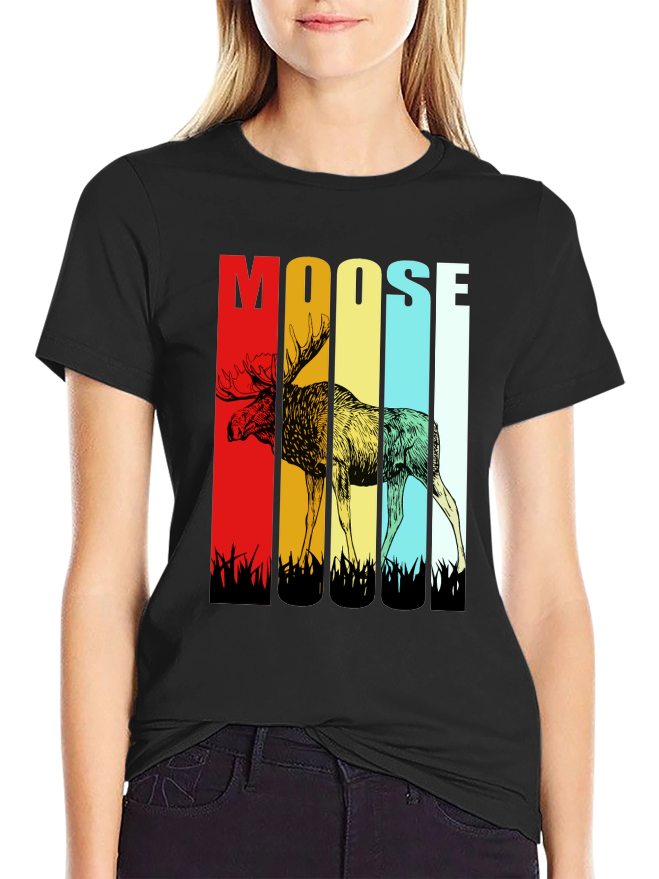 Retro Moose Graphic Tee - Black Cotton T-Shirt