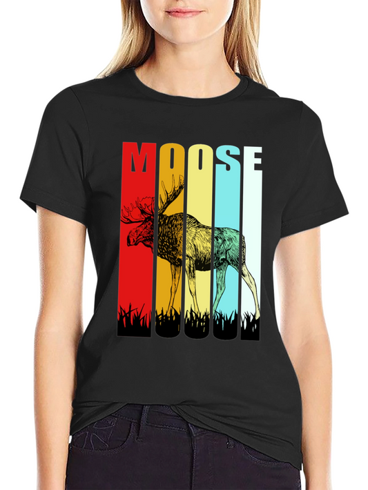 Retro Moose Graphic Tee - Black Cotton T-Shirt