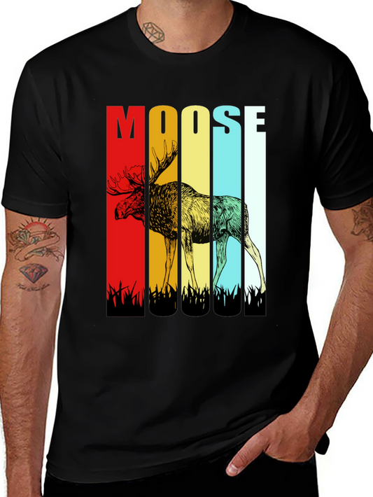 Retro Moose Graphic Tee - Black Cotton T-Shirt