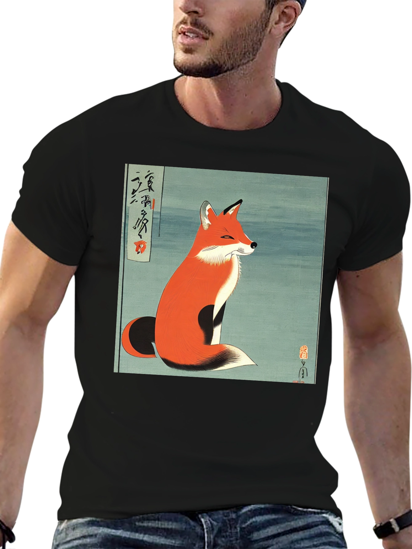 Japanese Fox Art Black T-Shirt