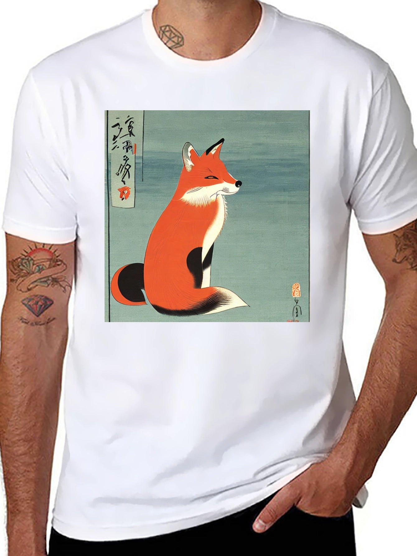 Japanese Fox Art Black T-Shirt