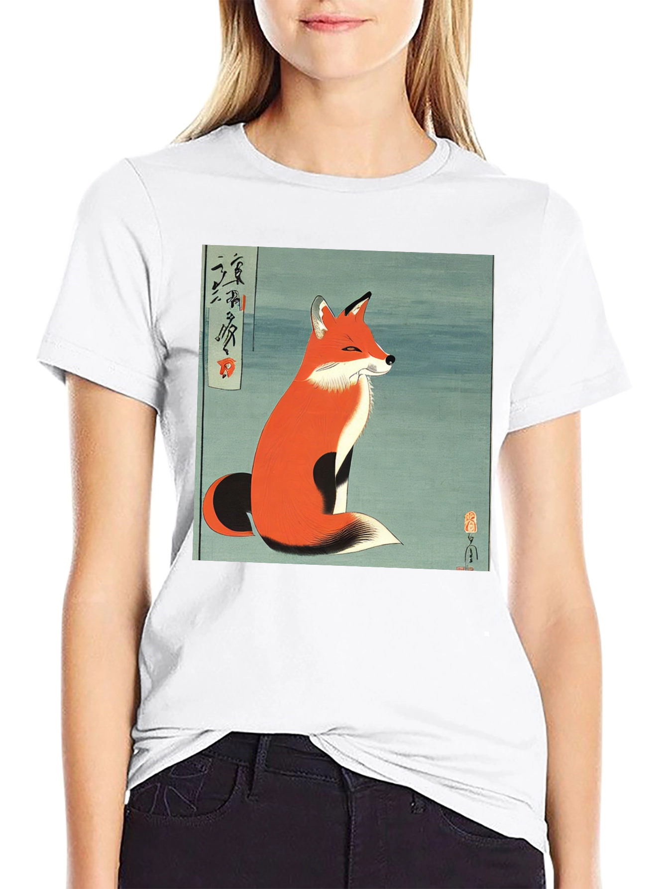 Japanese Fox Art Black T-Shirt
