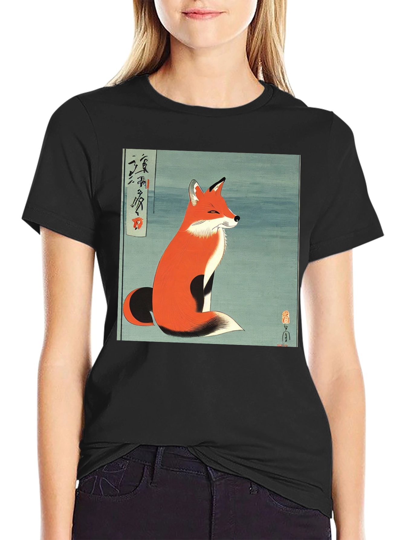 Japanese Fox Art Black T-Shirt