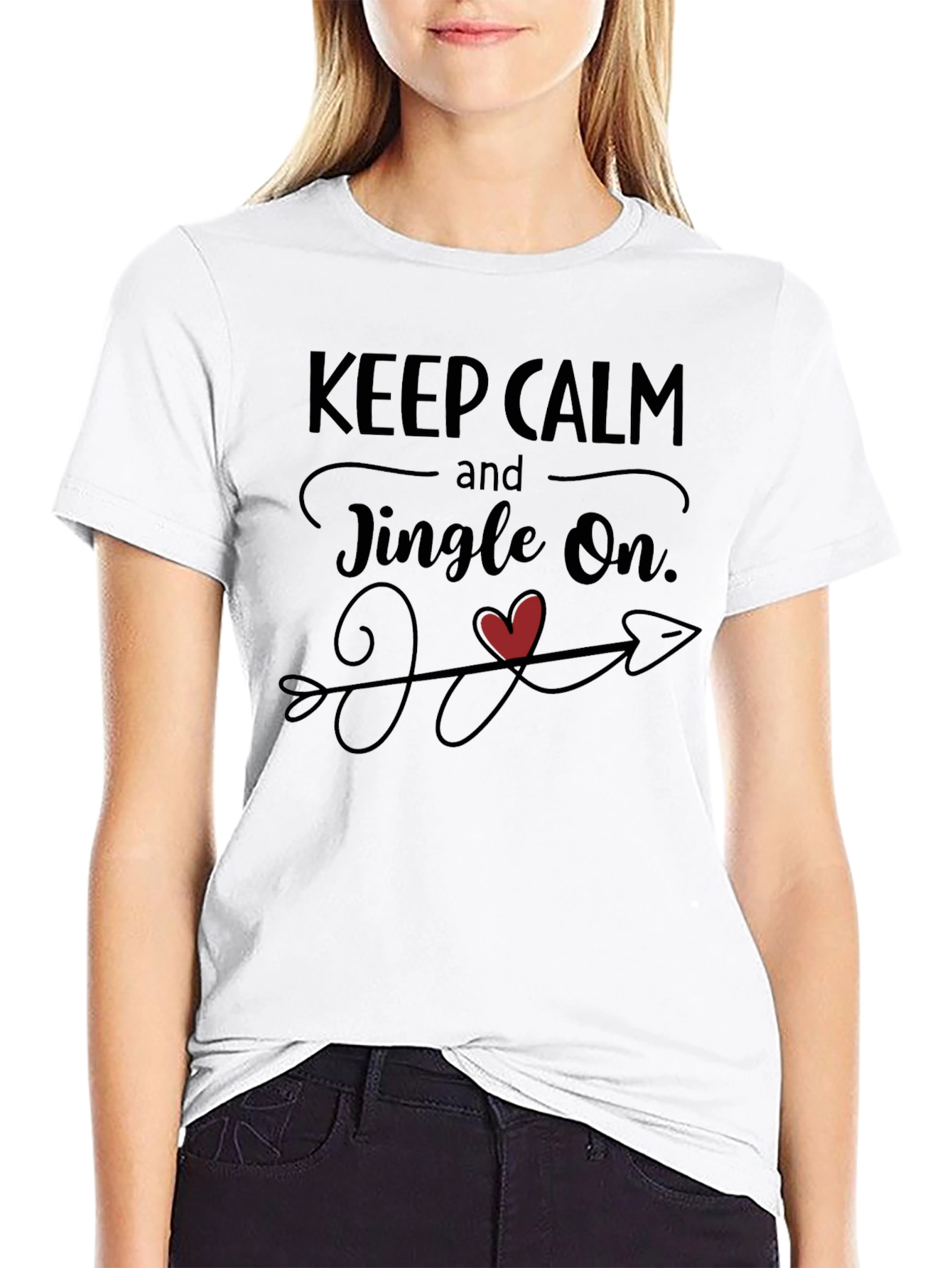 Keep Calm Jingle On Heart Arrow Black Graphic Tee