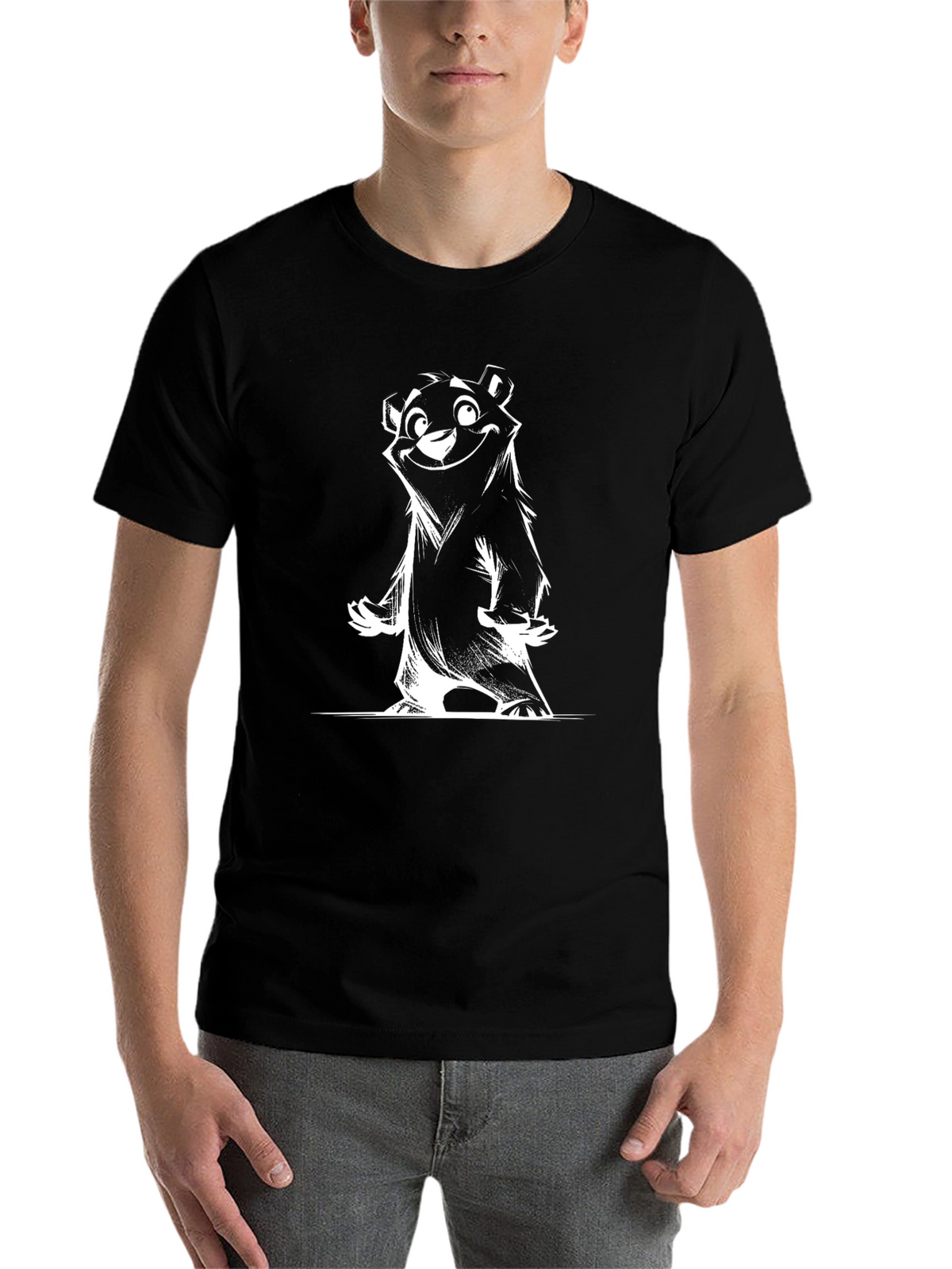 Black T-Shirt with Cartoon Bear Print
