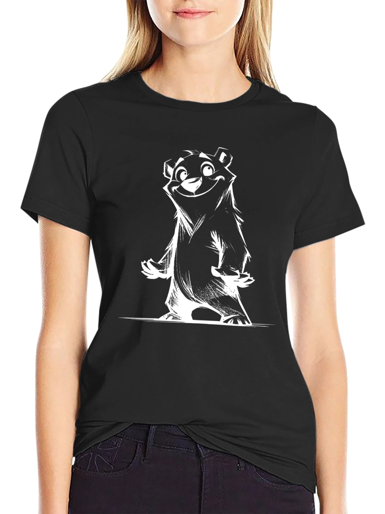 Black T-Shirt with Cartoon Bear Print