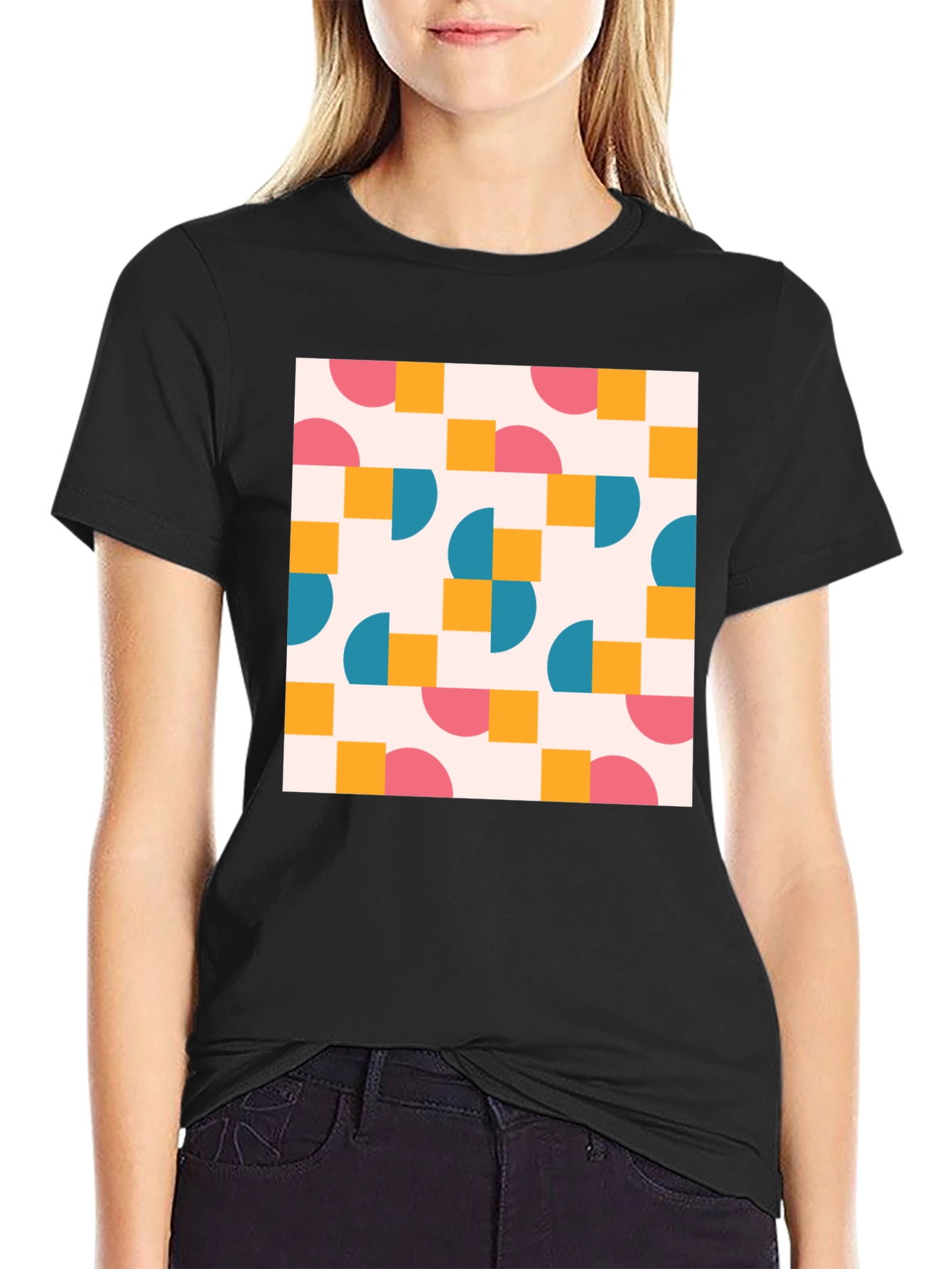 Retro Geometric Pattern Black T-Shirt