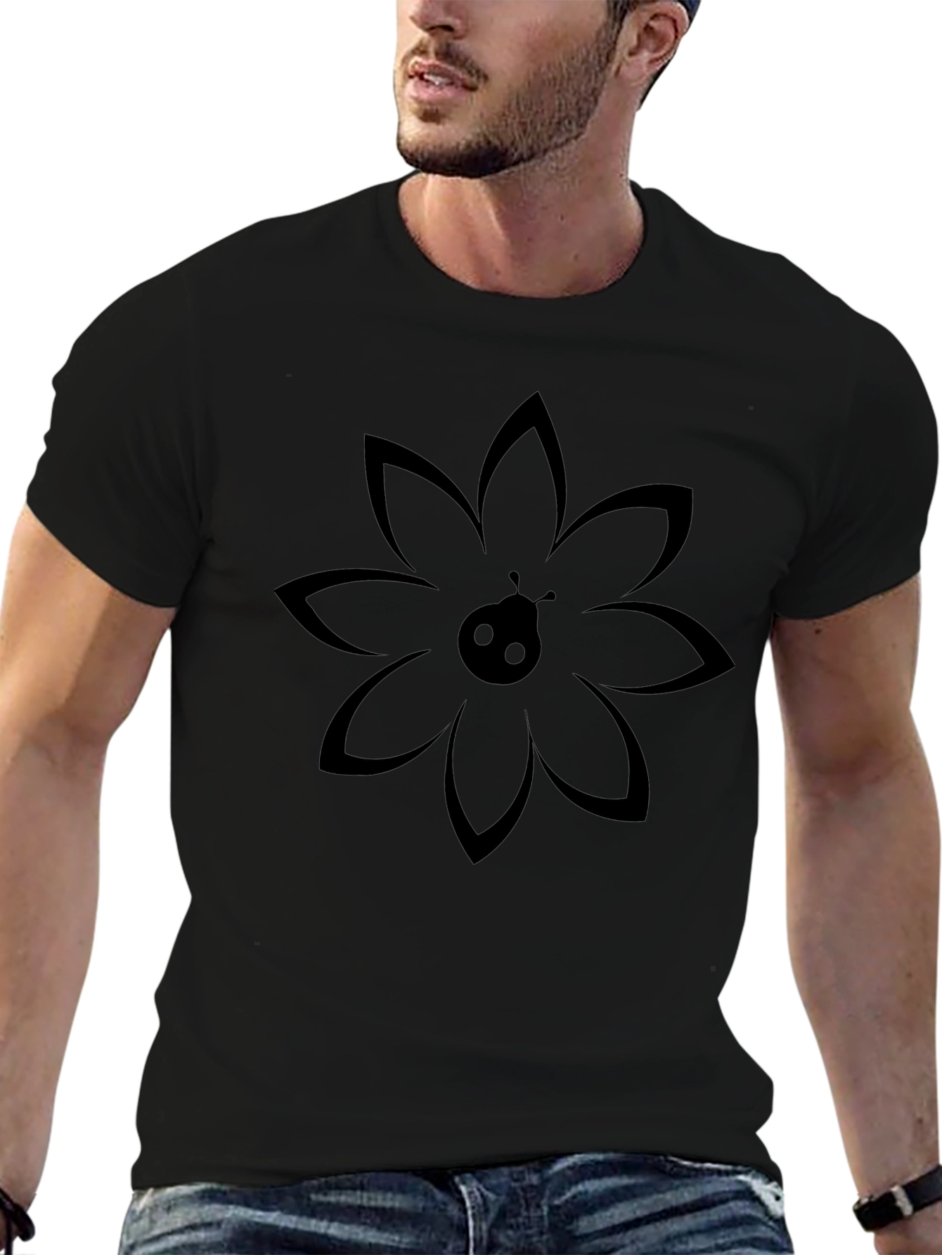 Ladybug Floral Graphic Print Black T-Shirt