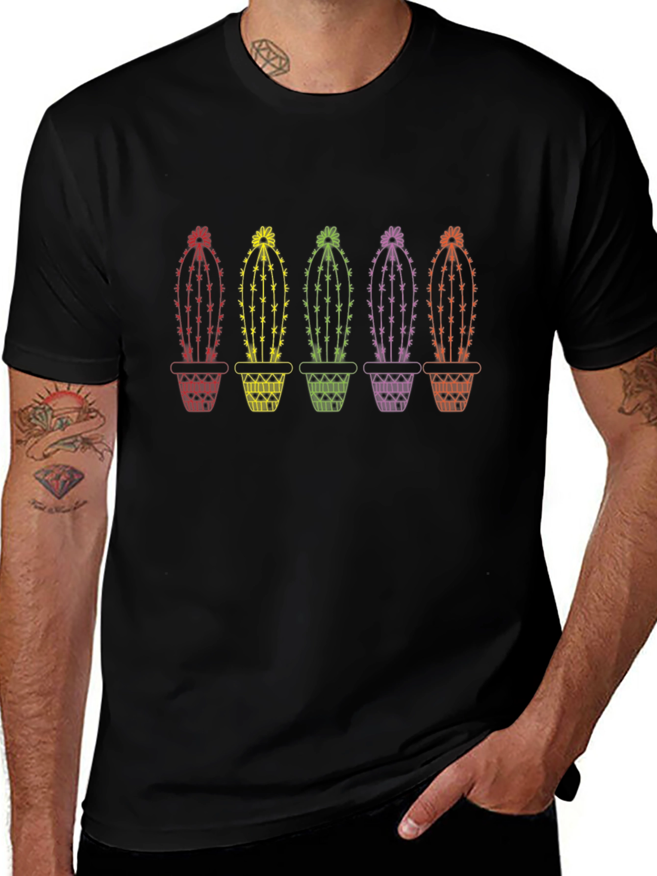 Rainbow Cactus Graphic Tee - Black Cotton T-Shirt