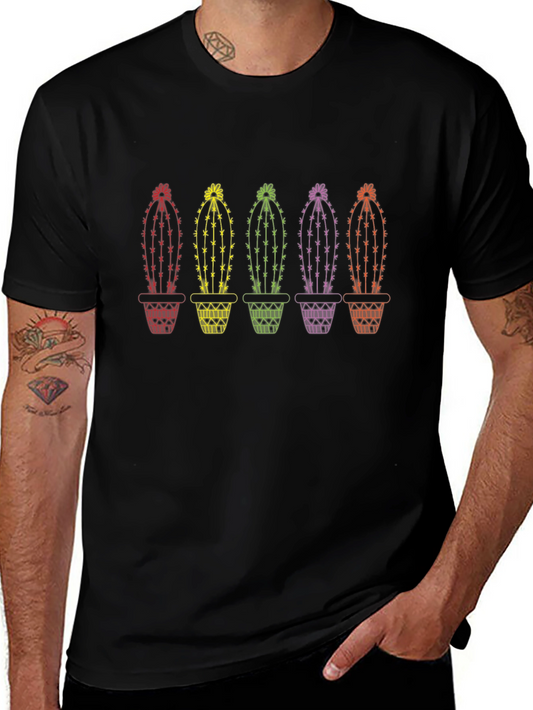 Rainbow Cactus Graphic Tee - Black Cotton T-Shirt