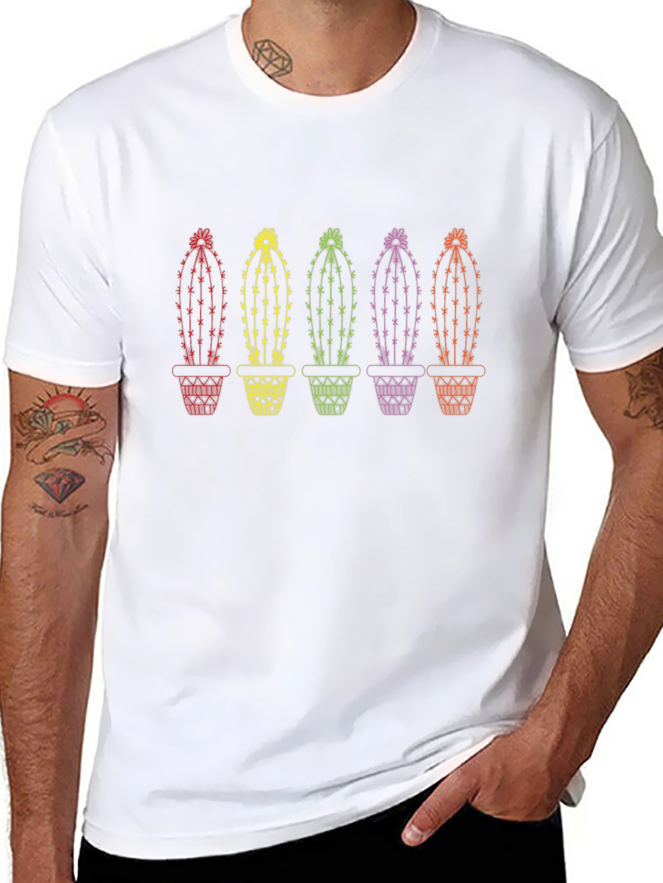 Rainbow Cactus Graphic Tee - Black Cotton T-Shirt
