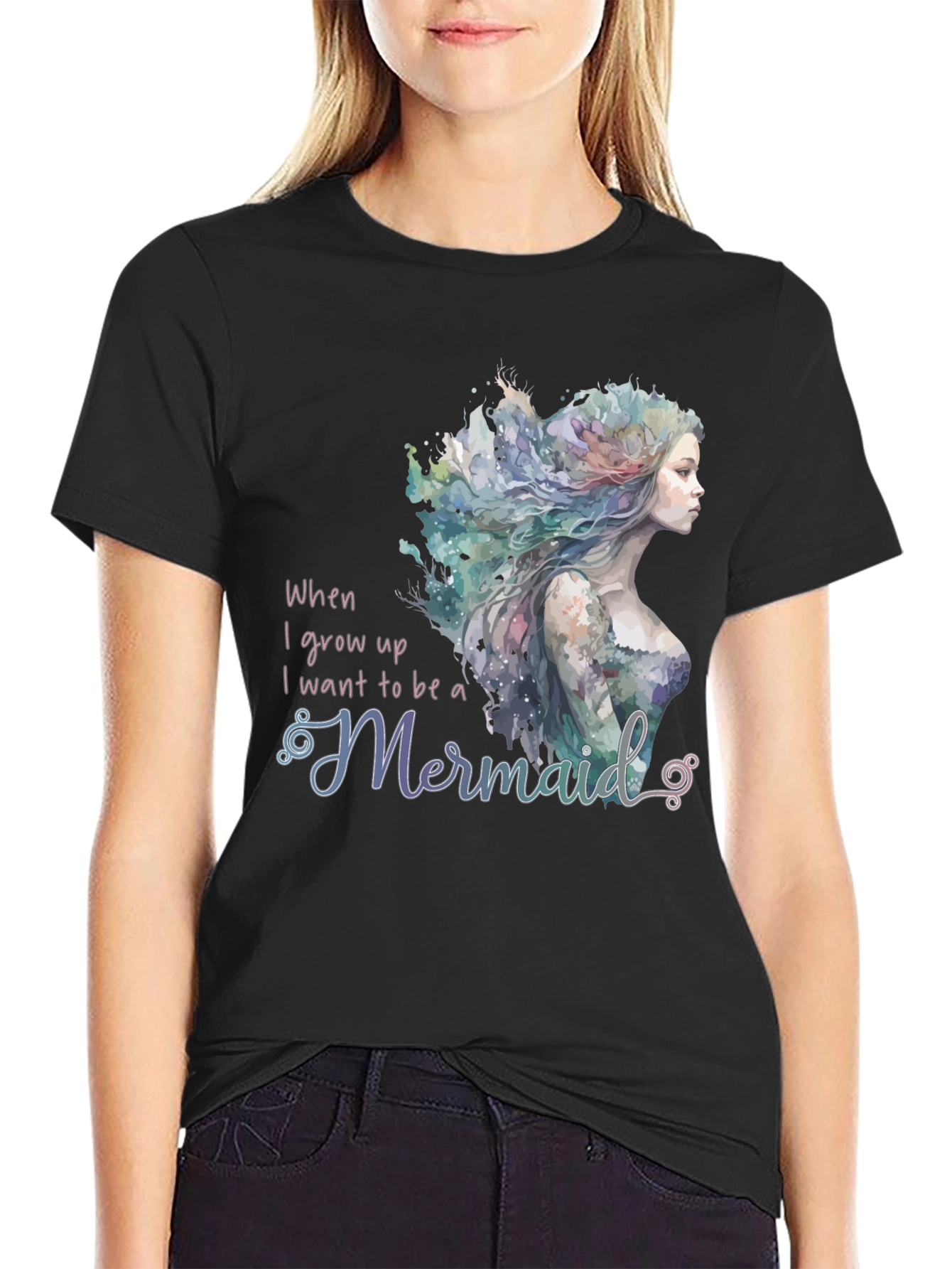 Mermaid Wish Graphic Tee - Black Crew Neck