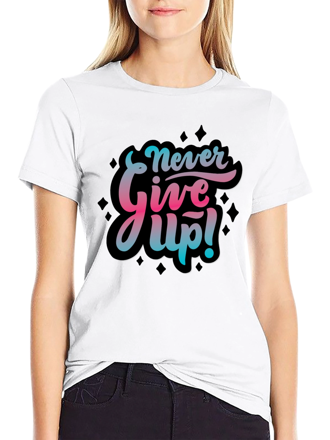 Never Give Up Graphic Print Black T-Shirt