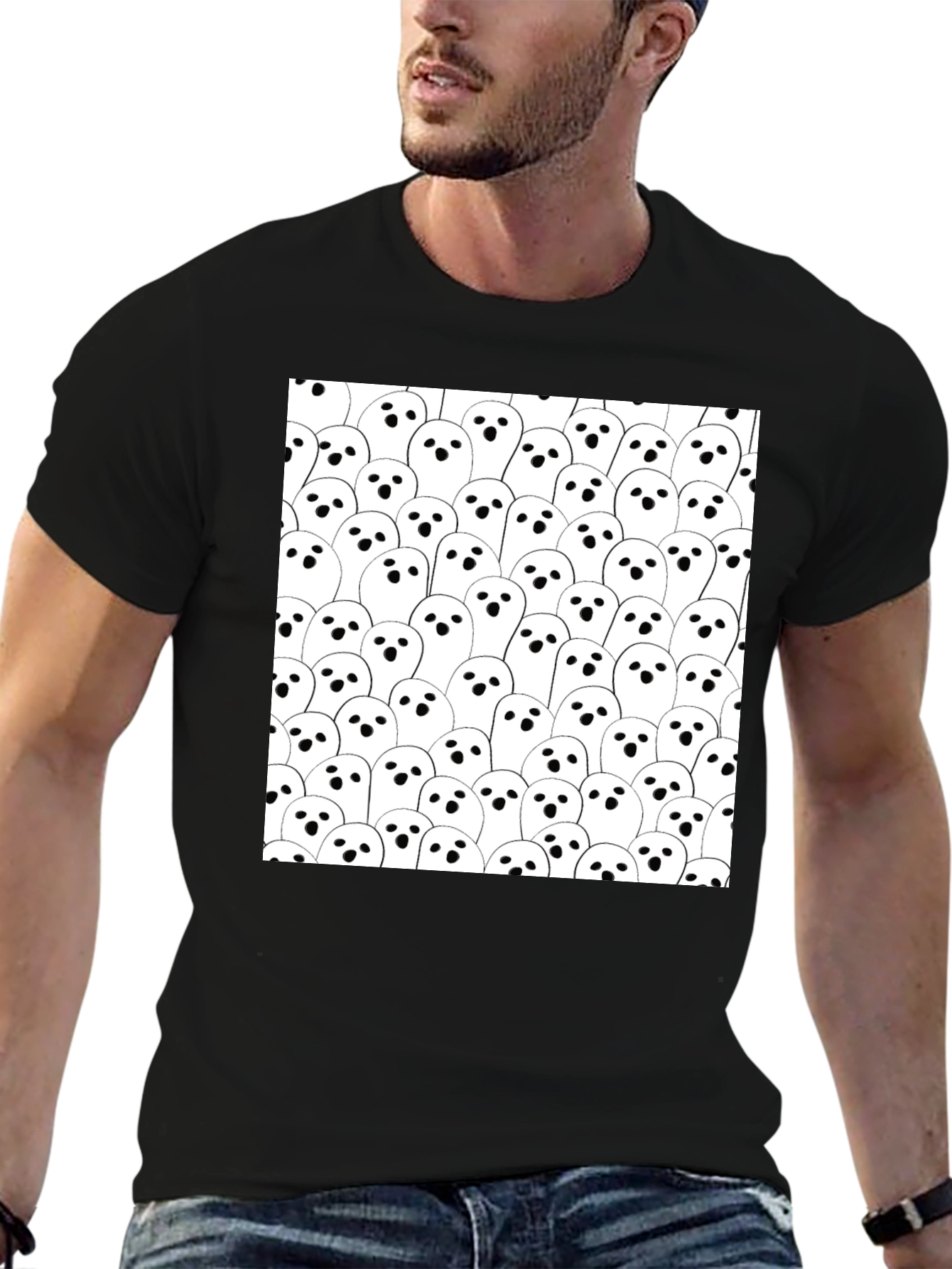 Ghost Pattern Black T-Shirt - Spooky Season Tee