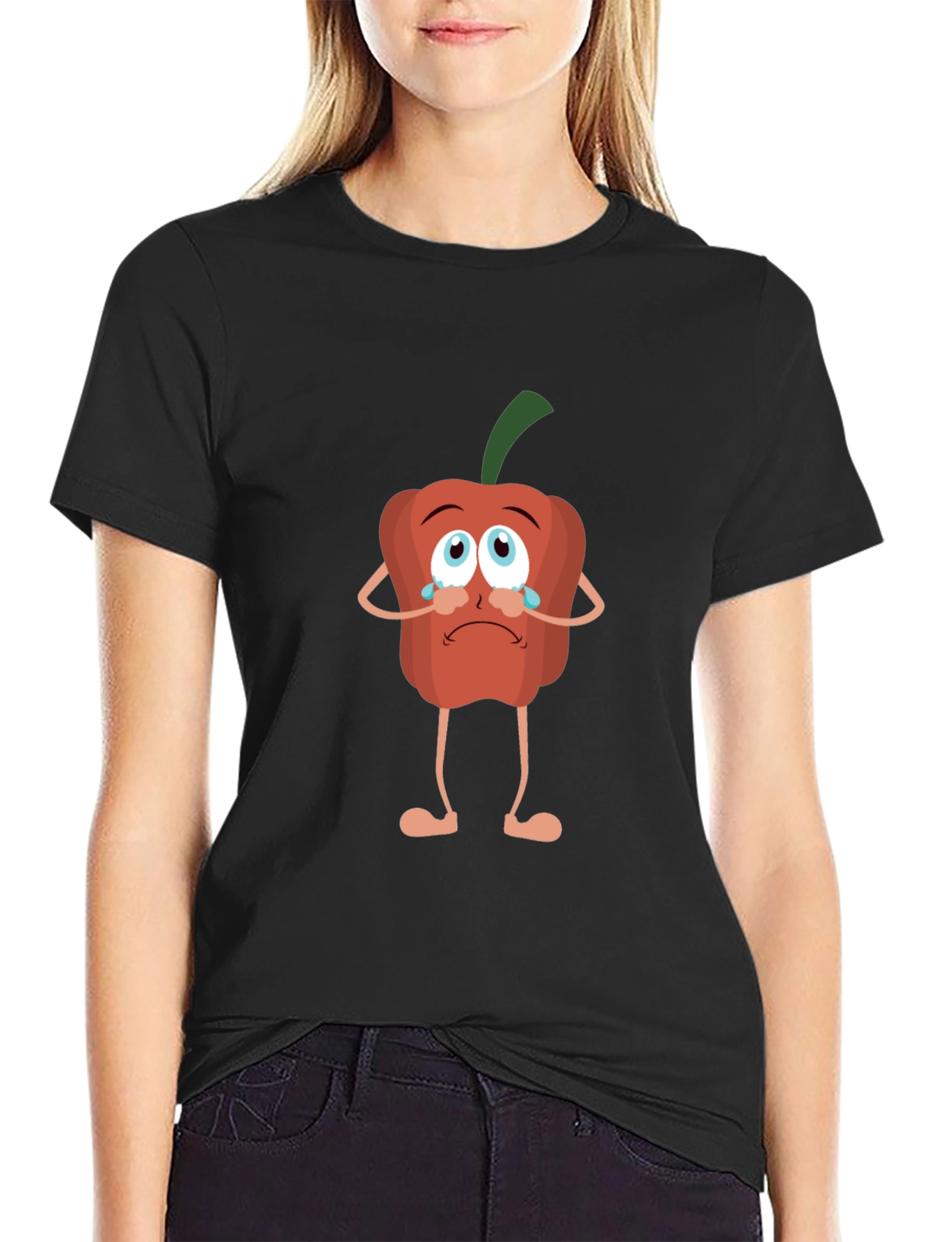Sad Pepper Cartoon Black T-Shirt