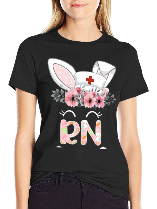 Easter RN Nurse Bunny Ears Floral T-Shirt