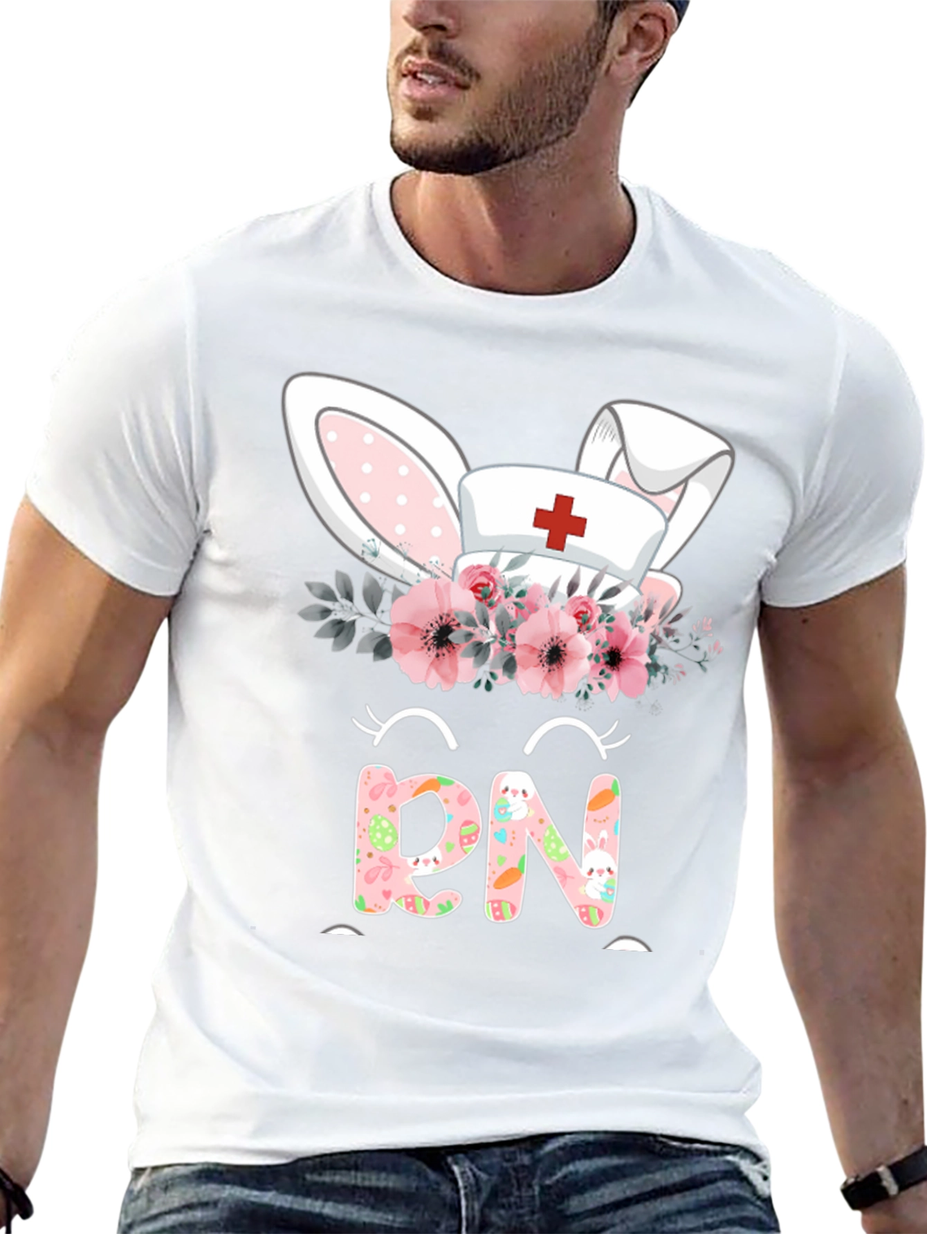 Easter RN Nurse Bunny Ears Floral T-Shirt
