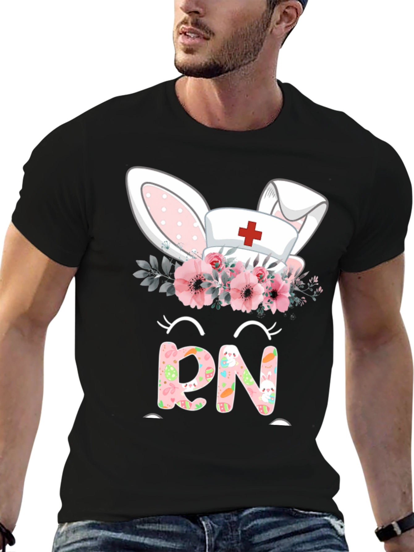 Easter RN Nurse Bunny Ears Floral T-Shirt