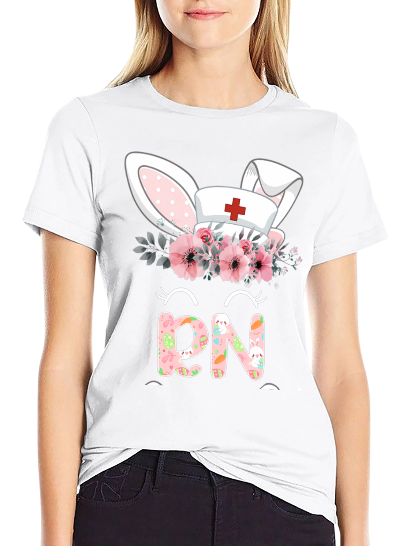 Easter RN Nurse Bunny Ears Floral T-Shirt