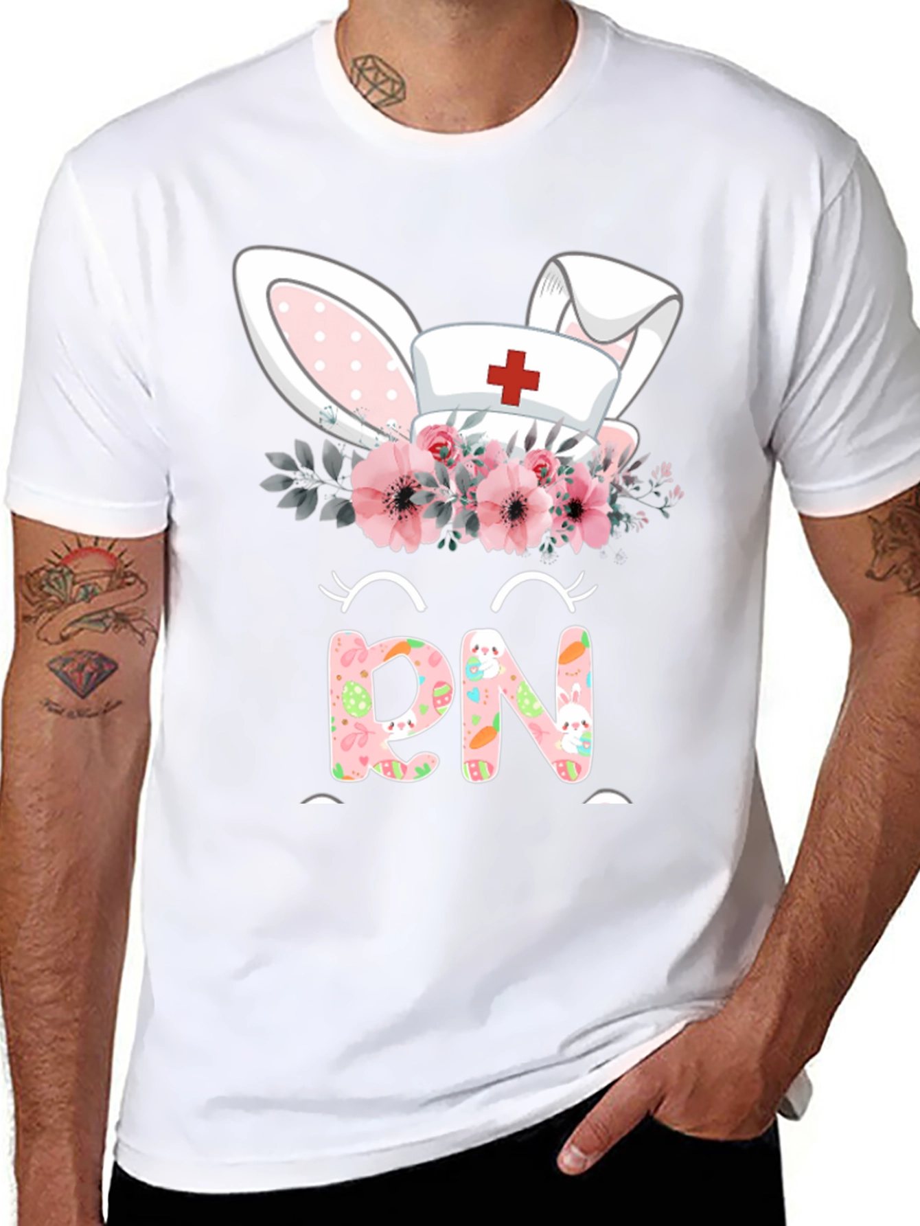 Easter RN Nurse Bunny Ears Floral T-Shirt
