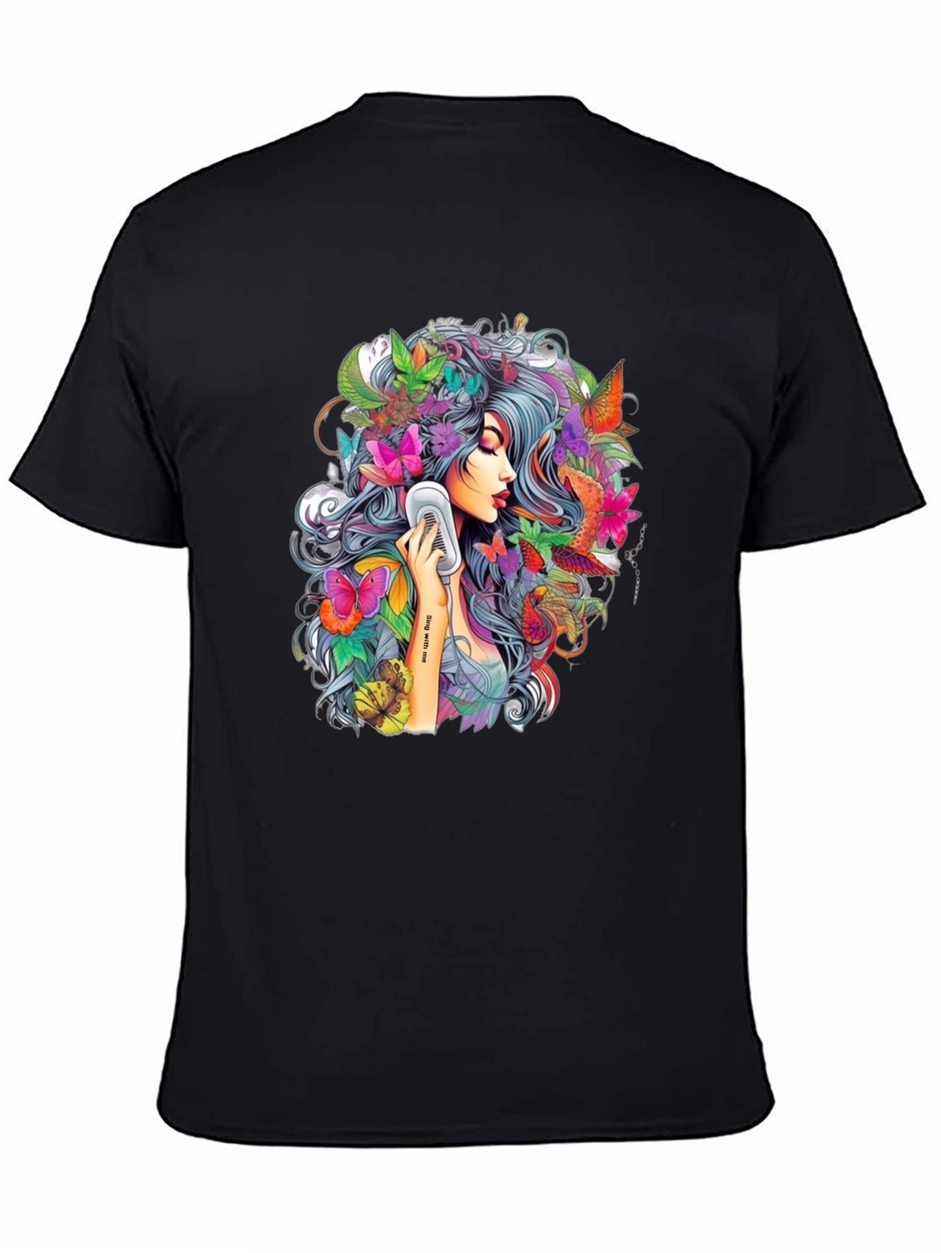 Floral Girl Graphic Print Black T-Shirt
