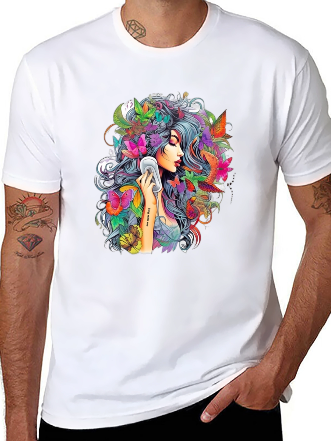 Floral Girl Graphic Print Black T-Shirt