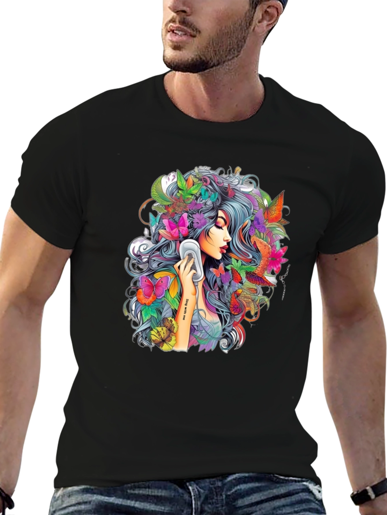 Floral Girl Graphic Print Black T-Shirt